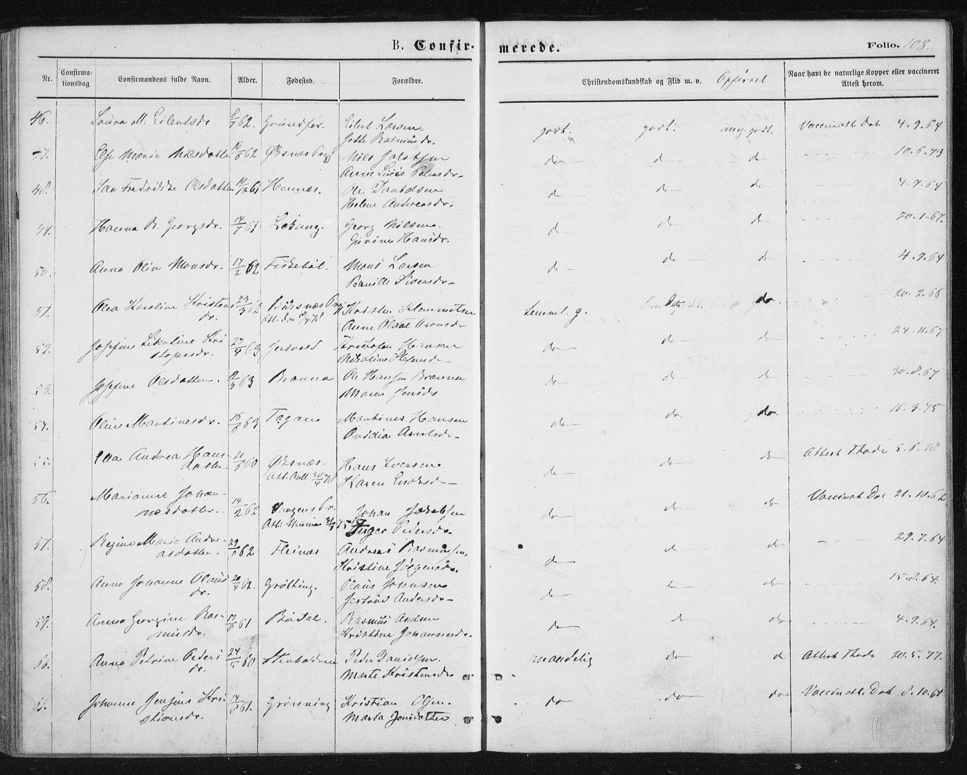 Ministerialprotokoller, klokkerbøker og fødselsregistre - Nordland, AV/SAT-A-1459/888/L1243: Parish register (official) no. 888A09, 1876-1879, p. 108