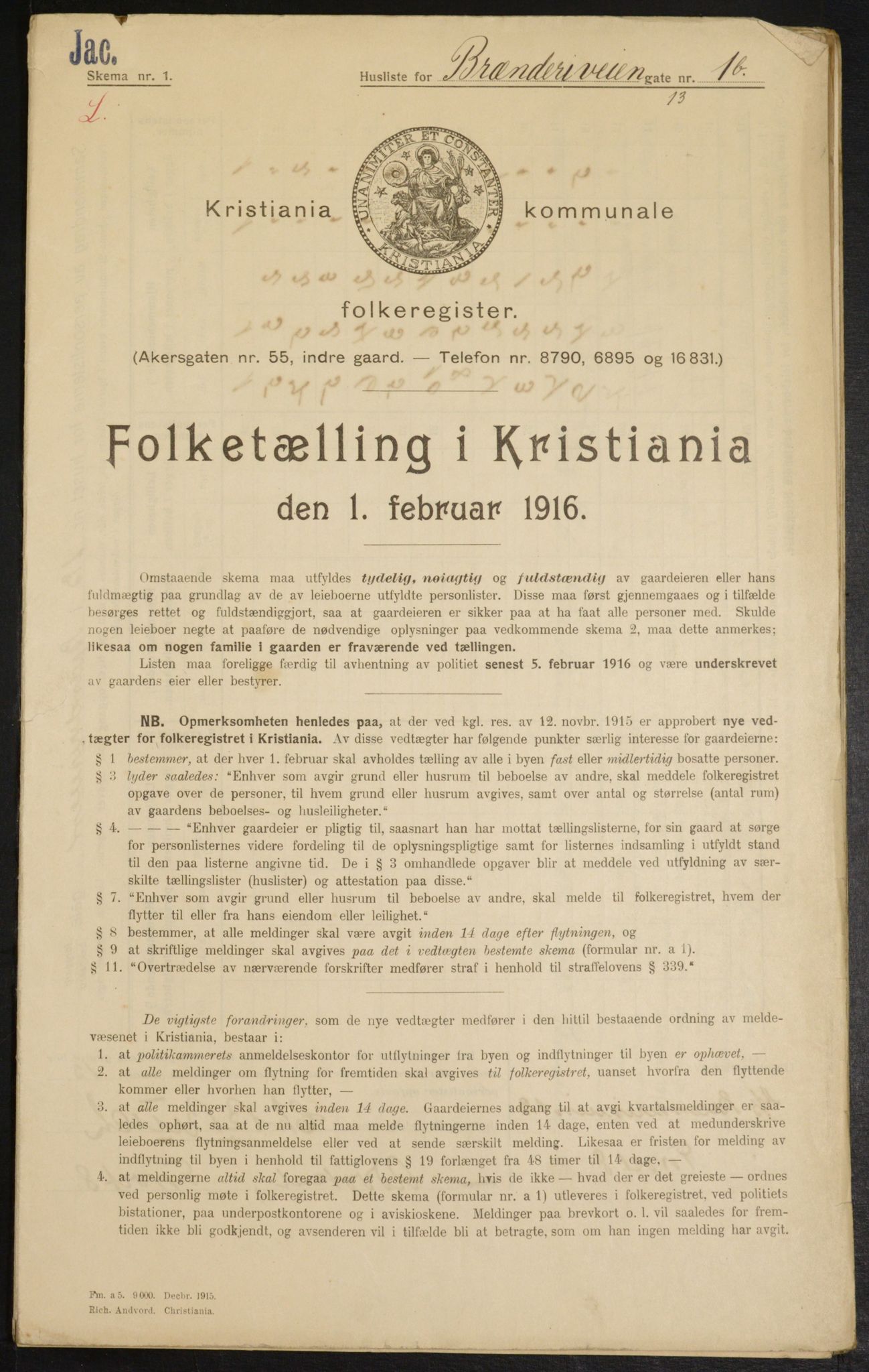 OBA, Municipal Census 1916 for Kristiania, 1916, p. 8765