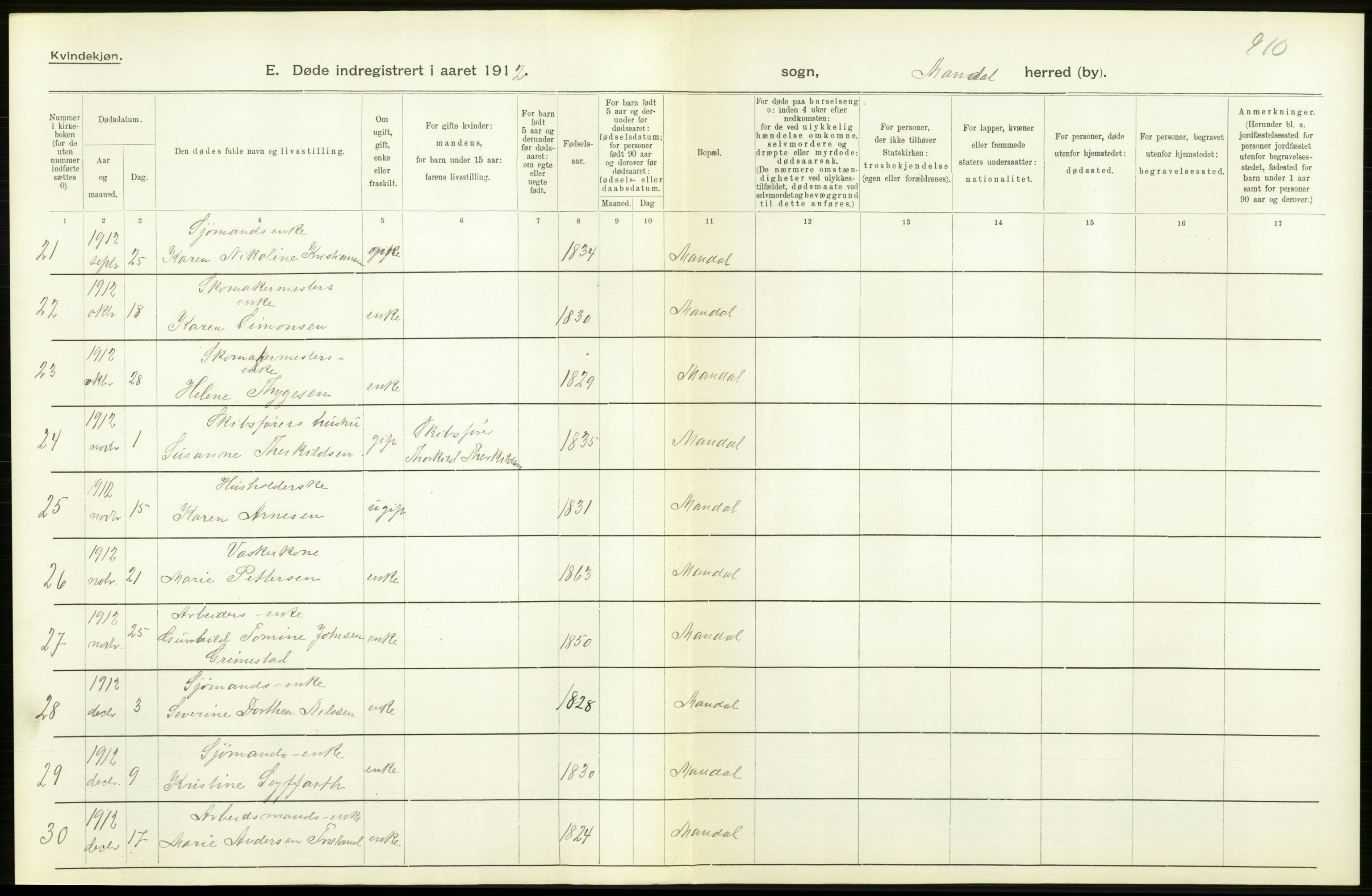 Statistisk sentralbyrå, Sosiodemografiske emner, Befolkning, AV/RA-S-2228/D/Df/Dfb/Dfbb/L0025: Lister og Mandals amt: Gifte, døde, dødfødte. Bygder og byer., 1912, p. 374