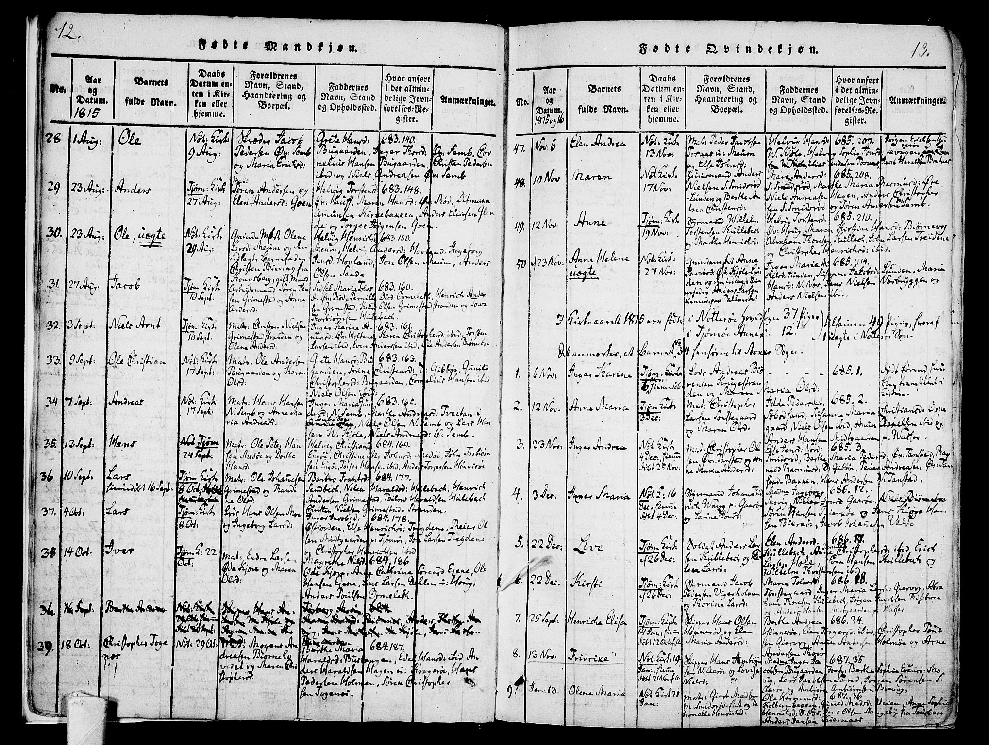 Nøtterøy kirkebøker, AV/SAKO-A-354/F/Fa/L0004: Parish register (official) no. I 4, 1814-1838, p. 12-13