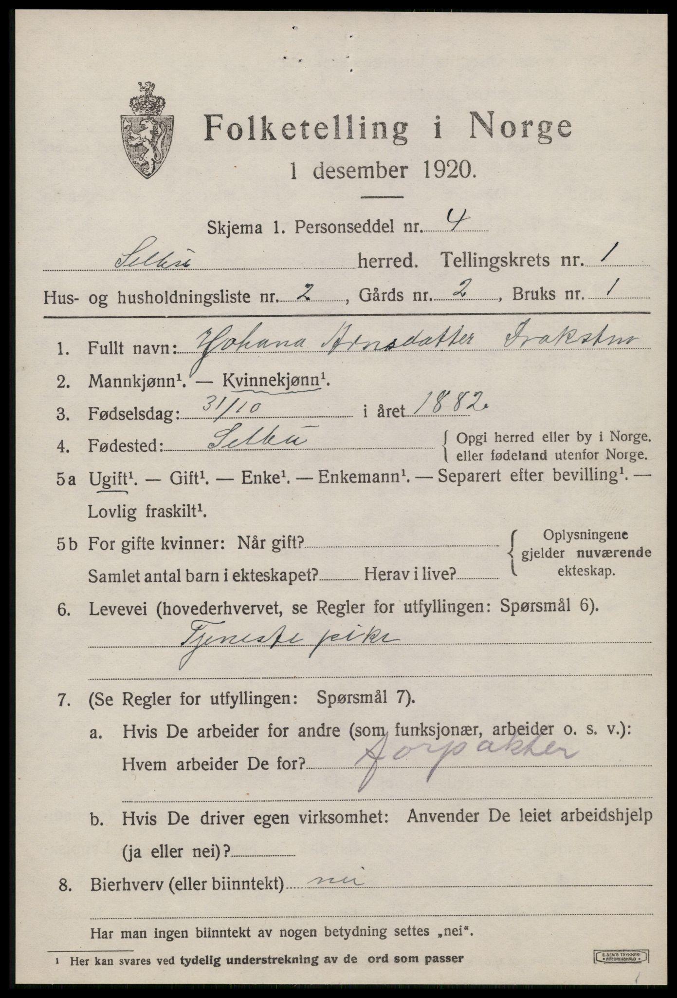 SAT, 1920 census for Selbu, 1920, p. 1694