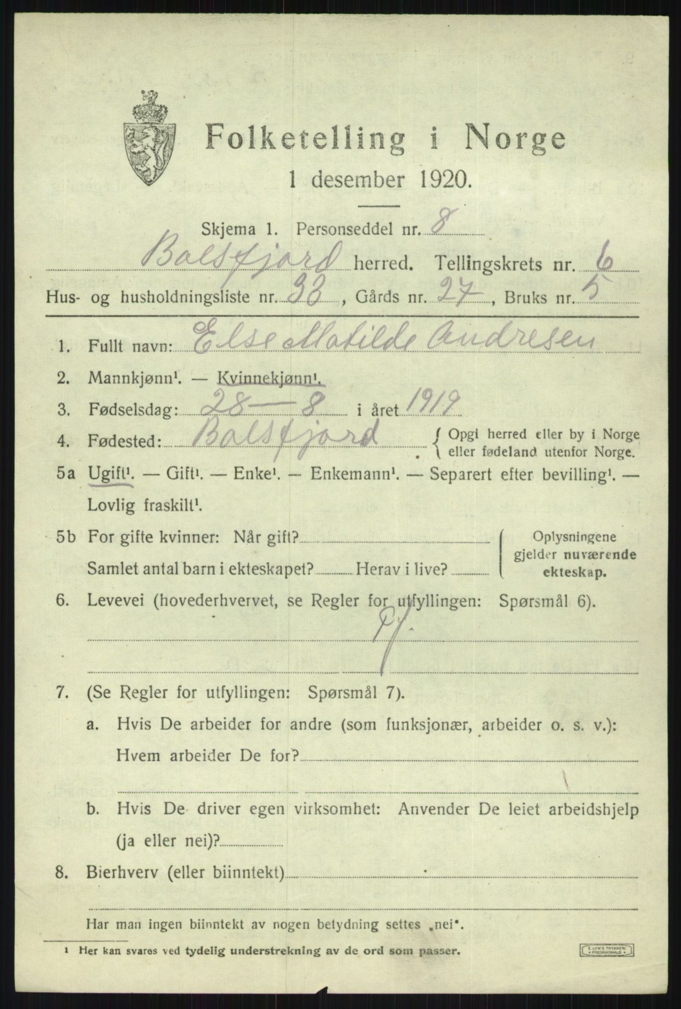 SATØ, 1920 census for Balsfjord, 1920, p. 4152