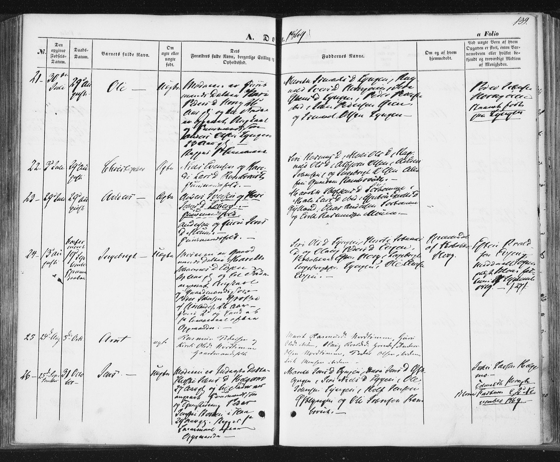 Ministerialprotokoller, klokkerbøker og fødselsregistre - Sør-Trøndelag, SAT/A-1456/692/L1103: Parish register (official) no. 692A03, 1849-1870, p. 139