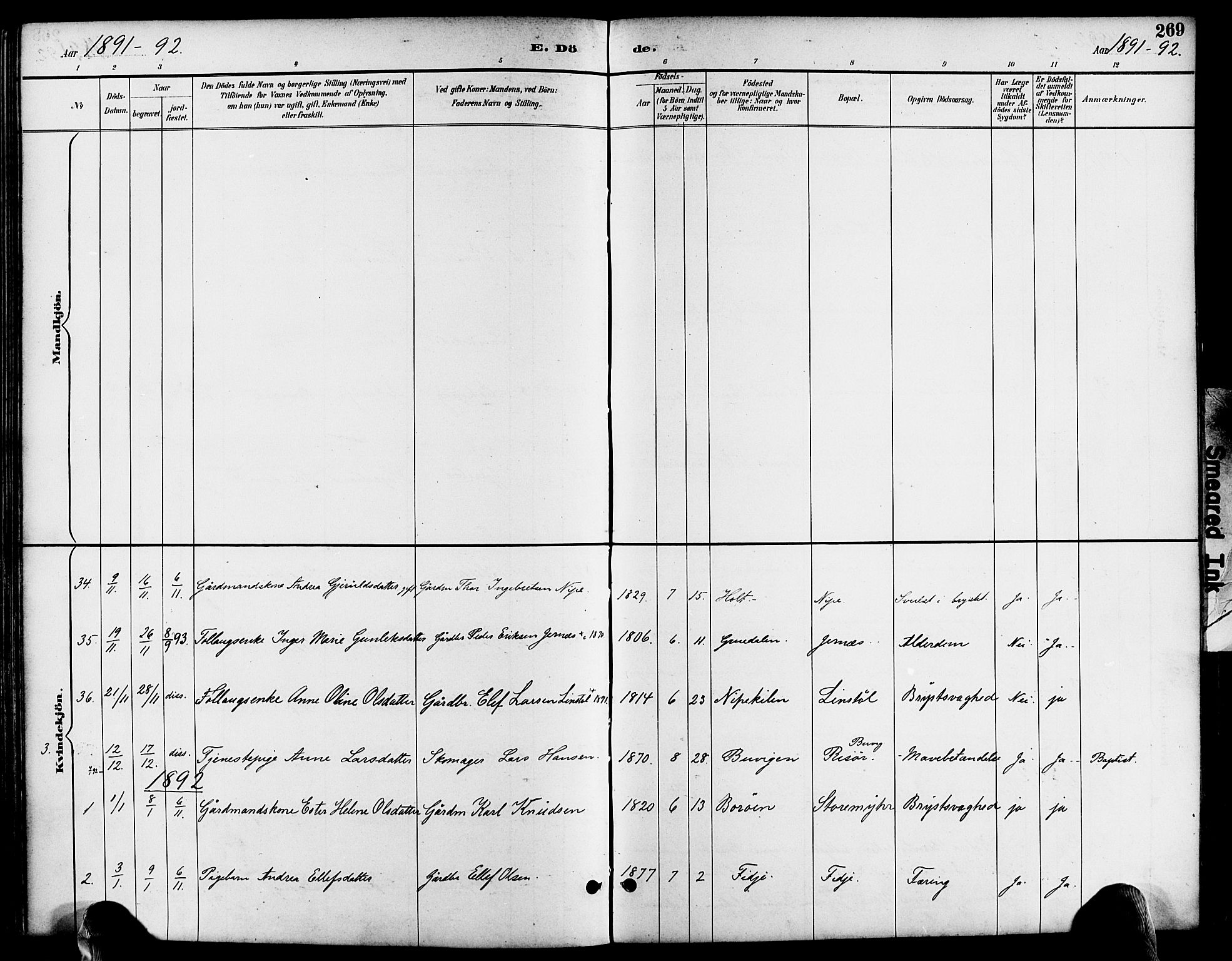 Søndeled sokneprestkontor, AV/SAK-1111-0038/F/Fa/L0005: Parish register (official) no. A 5, 1889-1899, p. 269