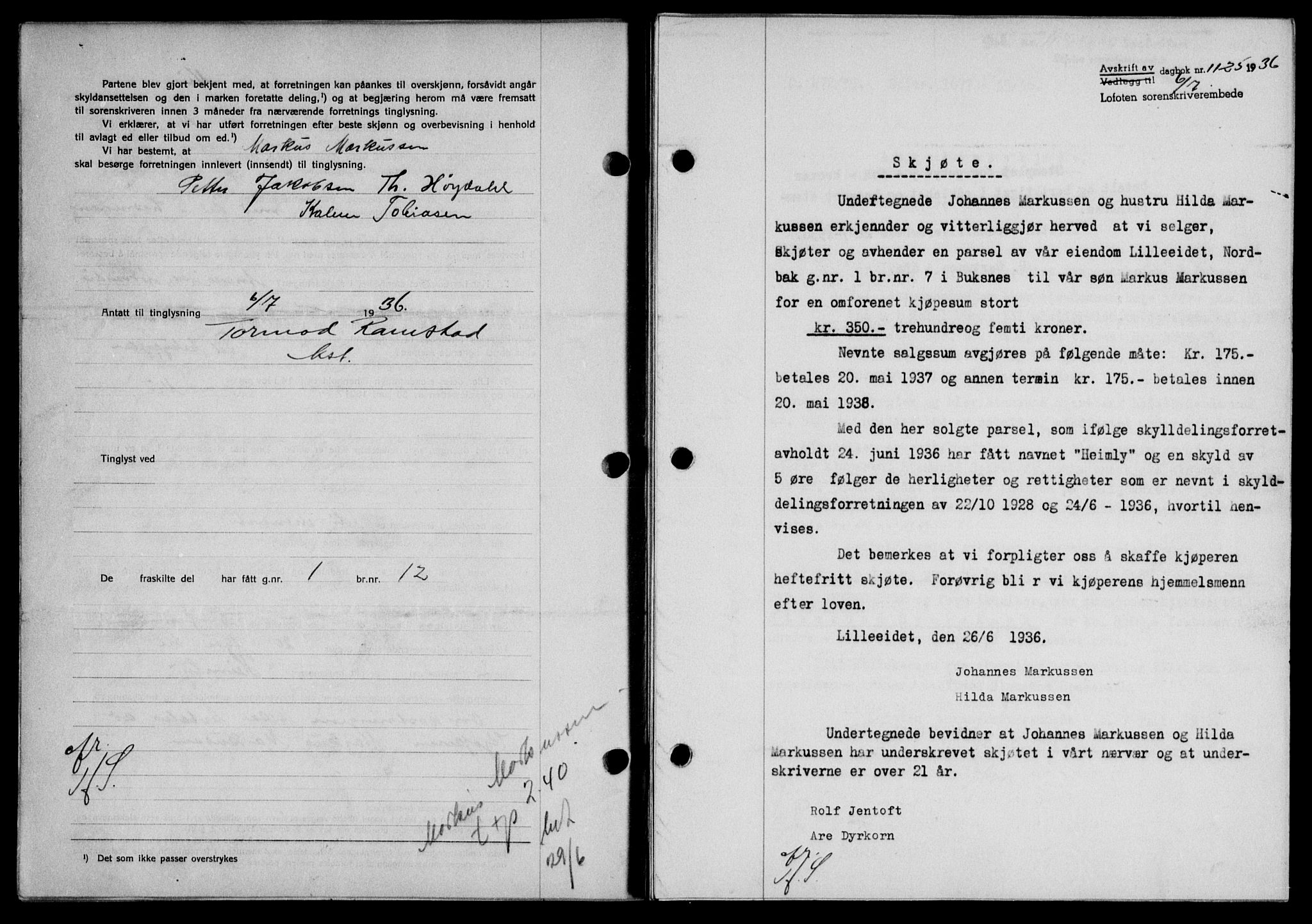 Lofoten sorenskriveri, SAT/A-0017/1/2/2C/L0001a: Mortgage book no. 1a, 1936-1937, Diary no: : 1125/1936