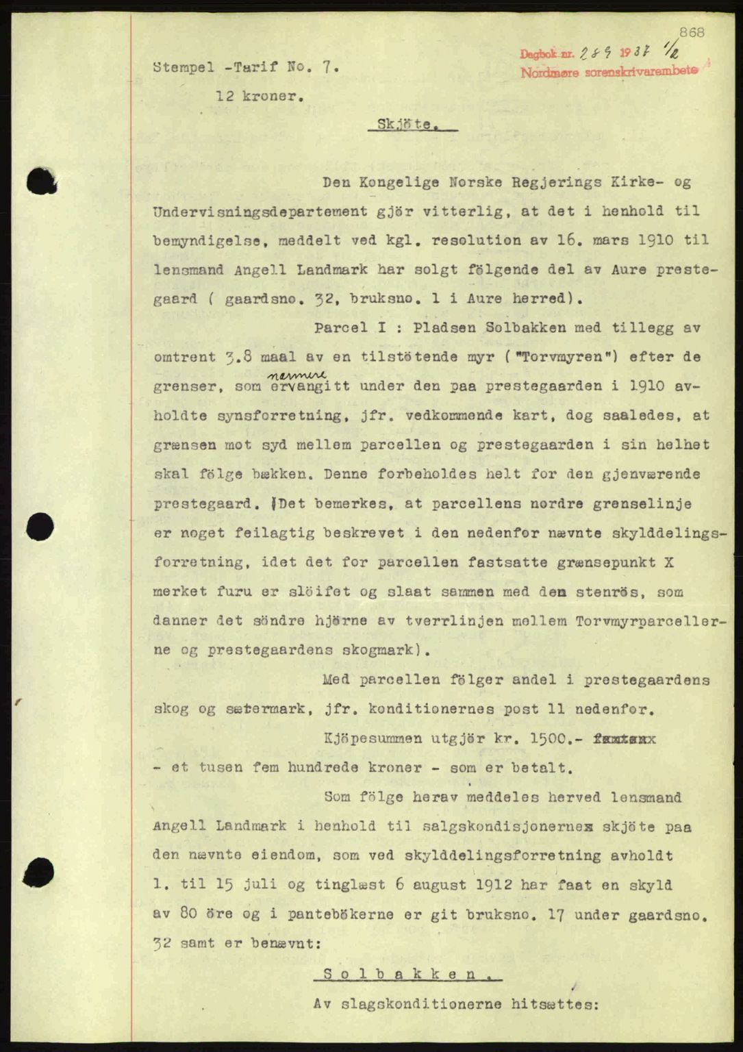 Nordmøre sorenskriveri, AV/SAT-A-4132/1/2/2Ca: Mortgage book no. A80, 1936-1937, Diary no: : 289/1937