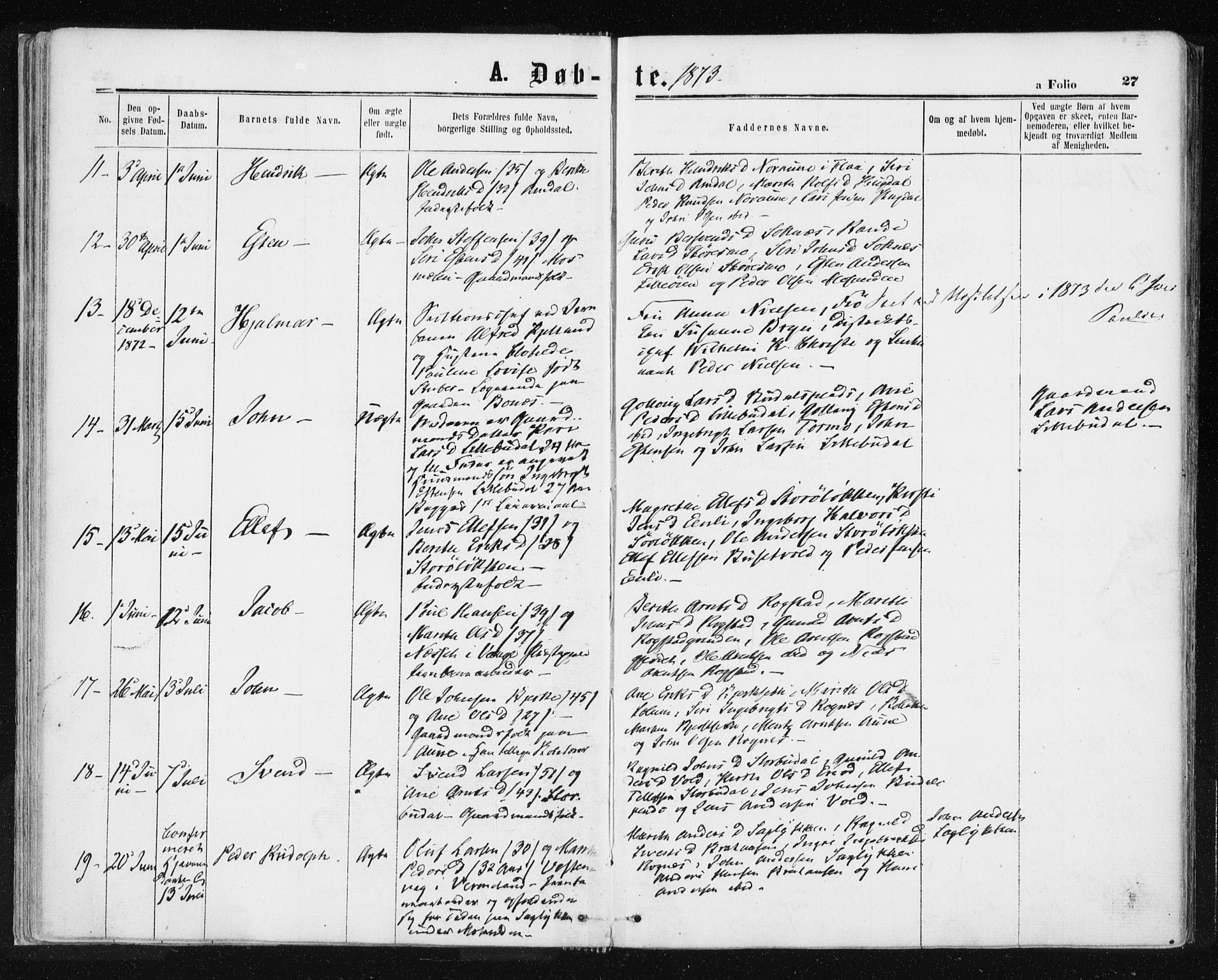 Ministerialprotokoller, klokkerbøker og fødselsregistre - Sør-Trøndelag, SAT/A-1456/687/L1001: Parish register (official) no. 687A07, 1863-1878, p. 27