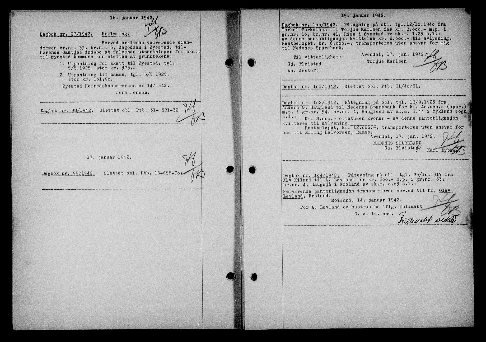 Nedenes sorenskriveri, SAK/1221-0006/G/Gb/Gba/L0049: Mortgage book no. A-III, 1941-1942, Diary no: : 97/1942