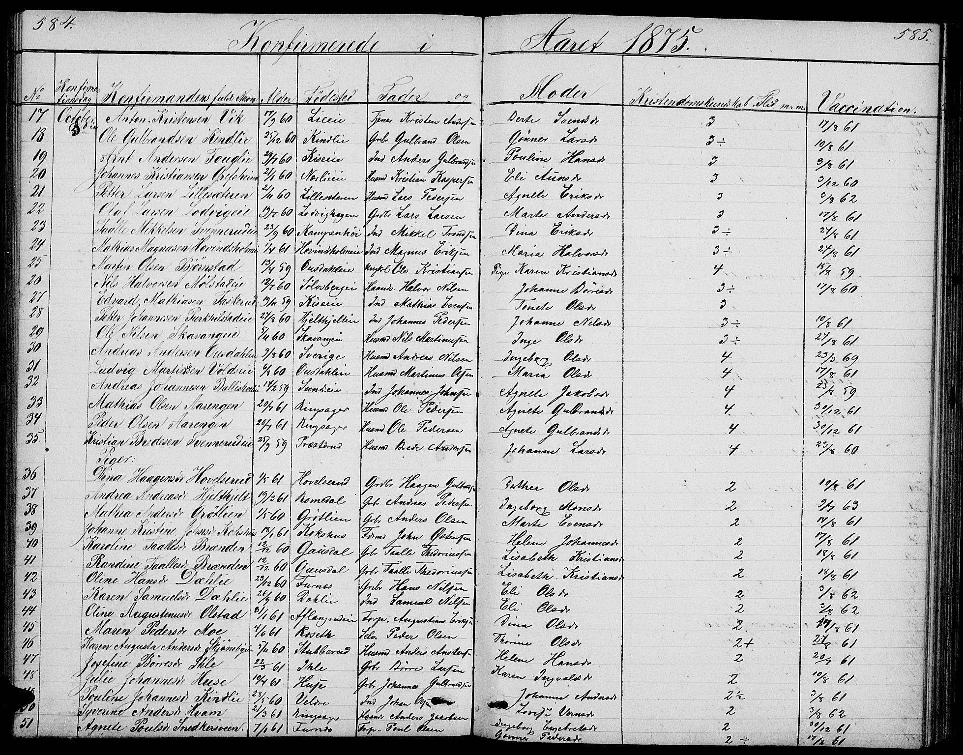 Nes prestekontor, Hedmark, SAH/PREST-020/L/La/L0005: Parish register (copy) no. 5, 1852-1889, p. 584-585