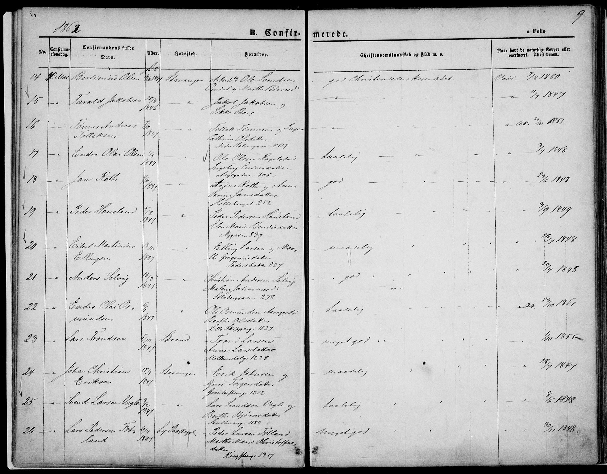 St. Petri sokneprestkontor, SAST/A-101813/001/30/30BA/L0004: Parish register (official) no. A 4, 1861-1865, p. 9