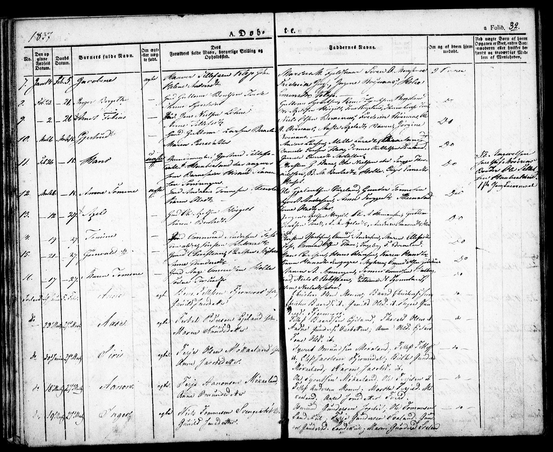 Birkenes sokneprestkontor, SAK/1111-0004/F/Fa/L0001: Parish register (official) no. A 1, 1829-1849, p. 32