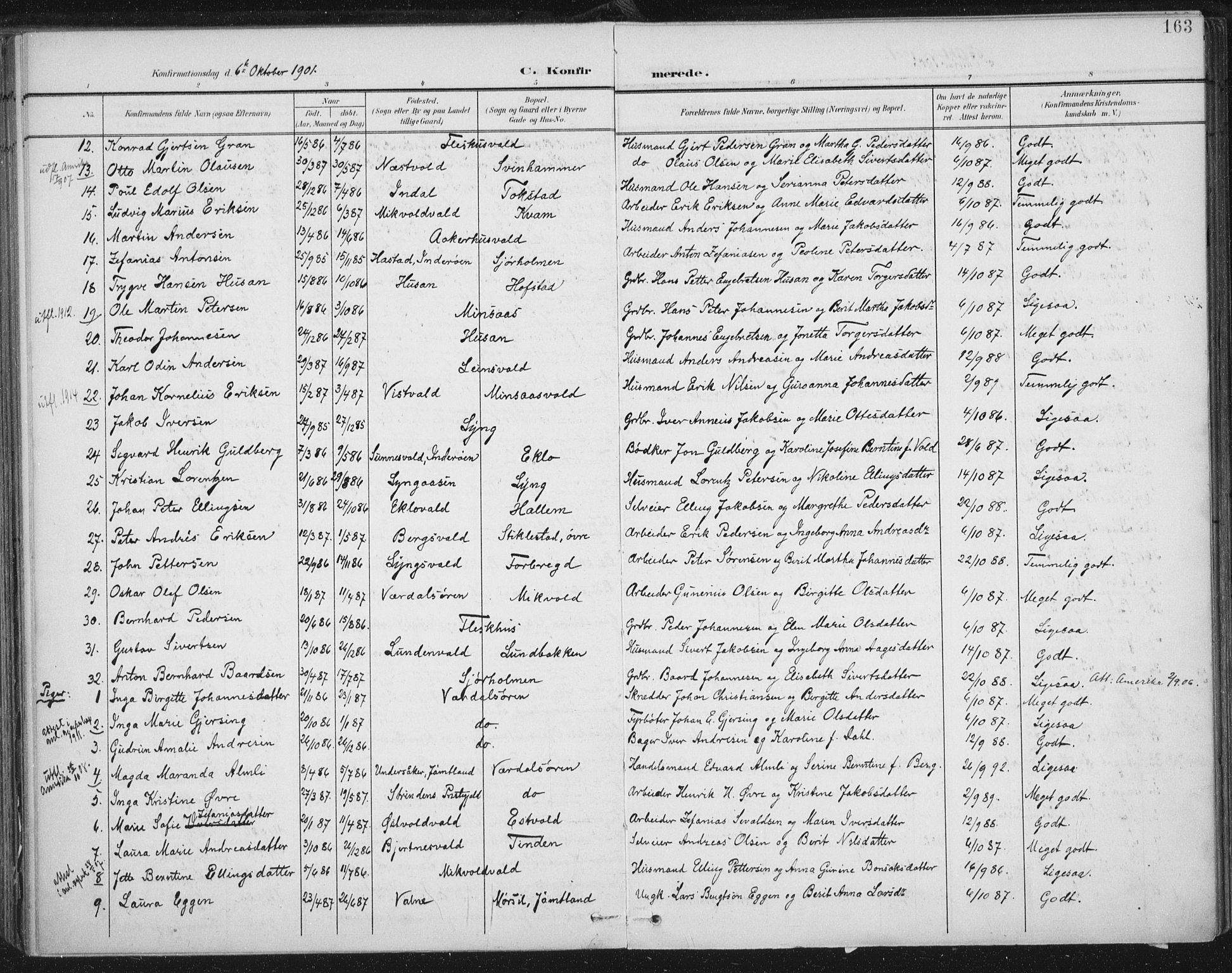 Ministerialprotokoller, klokkerbøker og fødselsregistre - Nord-Trøndelag, SAT/A-1458/723/L0246: Parish register (official) no. 723A15, 1900-1917, p. 163