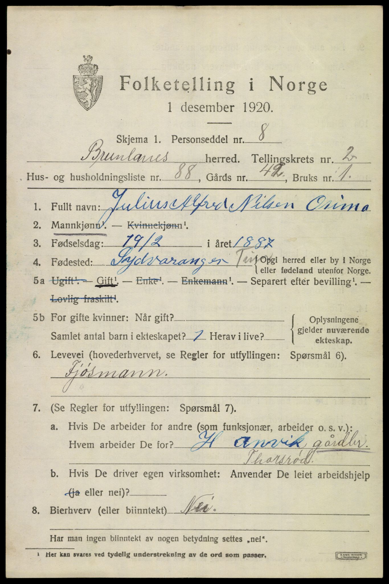 SAKO, 1920 census for Brunlanes, 1920, p. 4493