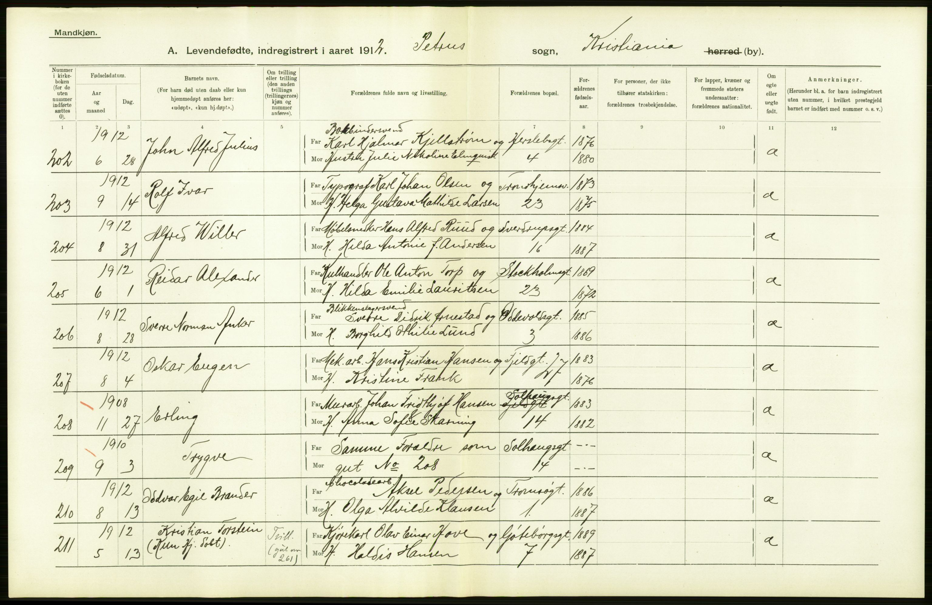 Statistisk sentralbyrå, Sosiodemografiske emner, Befolkning, AV/RA-S-2228/D/Df/Dfb/Dfbb/L0006: Kristiania:  Levendefødte menn og kvinner., 1912, p. 500