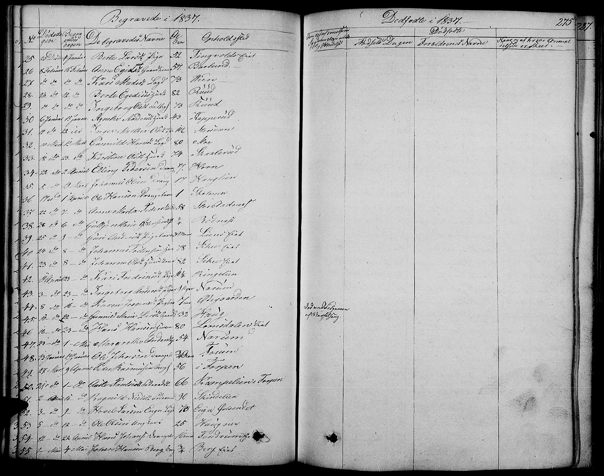 Land prestekontor, AV/SAH-PREST-120/H/Ha/Haa/L0008: Parish register (official) no. 8, 1830-1846, p. 275