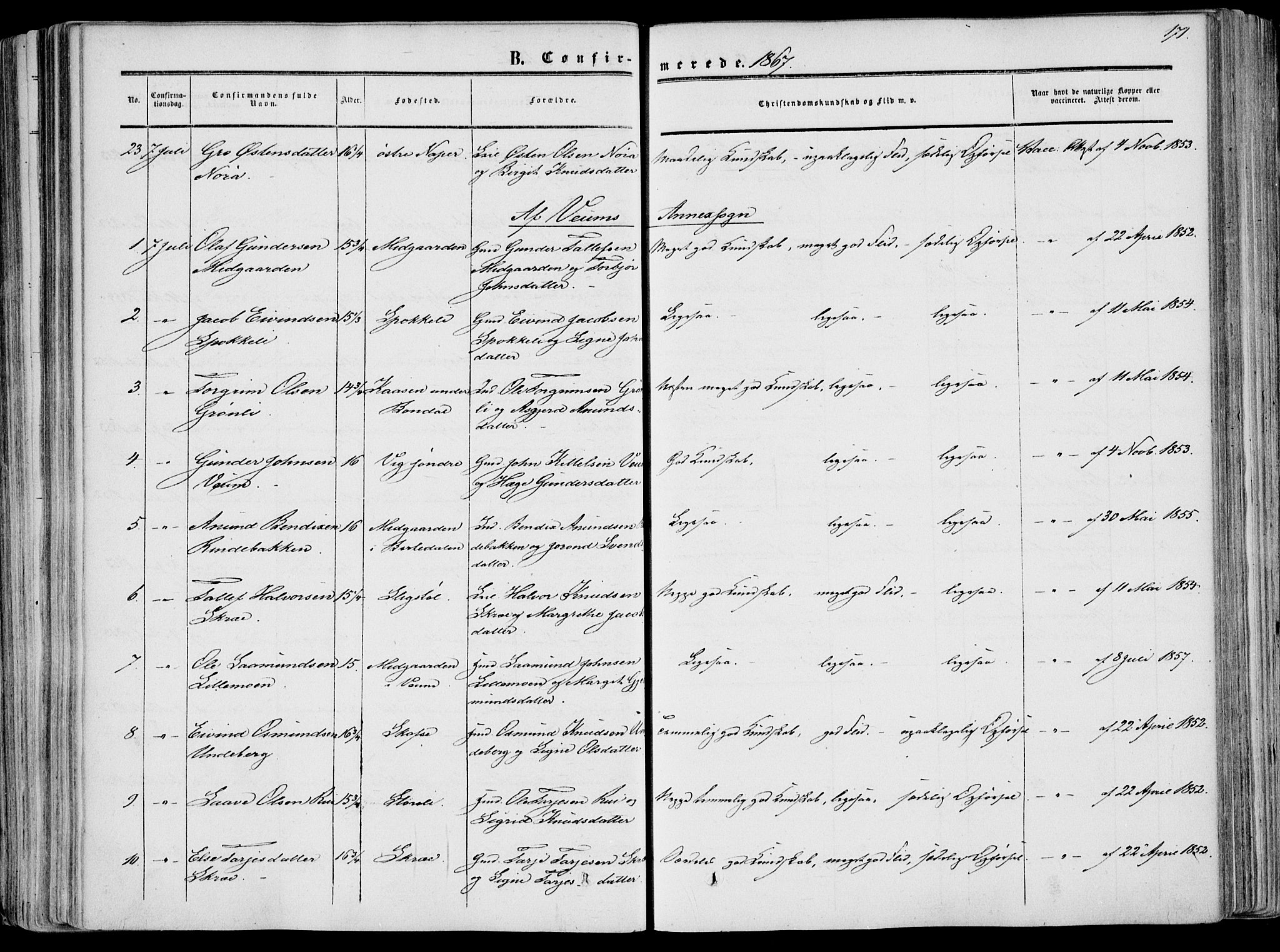 Fyresdal kirkebøker, AV/SAKO-A-263/F/Fa/L0005: Parish register (official) no. I 5, 1855-1871, p. 171