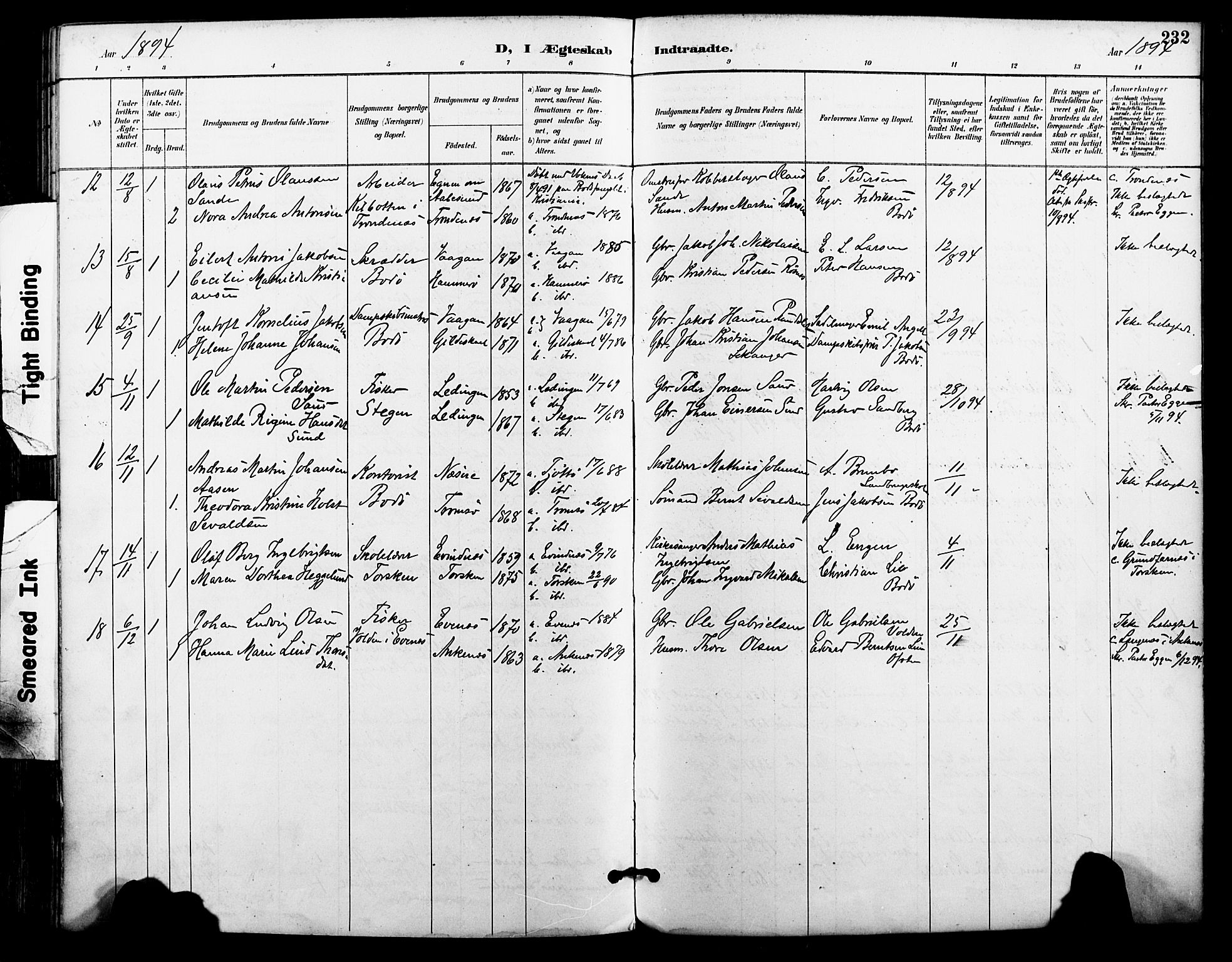 Ministerialprotokoller, klokkerbøker og fødselsregistre - Nordland, AV/SAT-A-1459/801/L0010: Parish register (official) no. 801A10, 1888-1899, p. 232