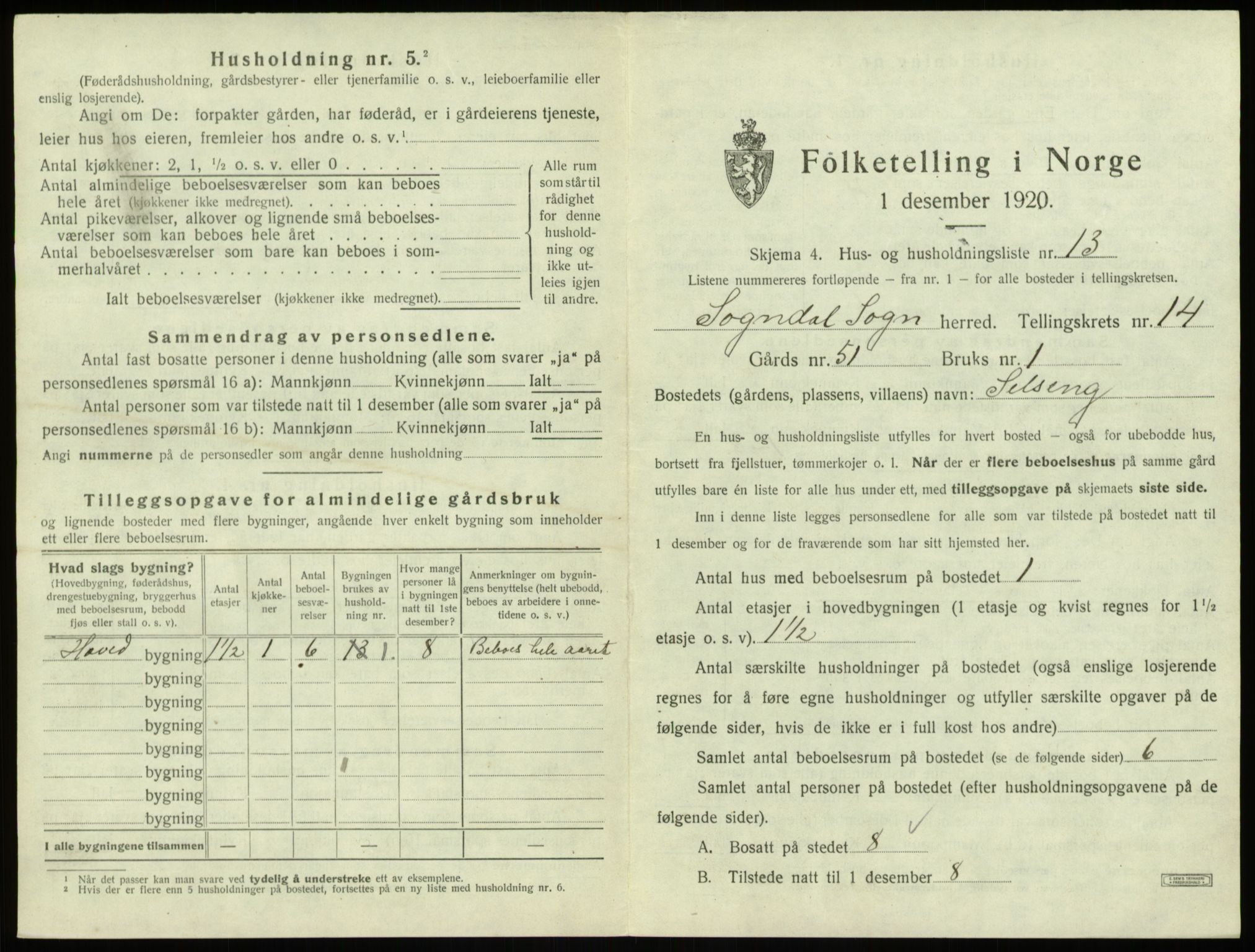 SAB, 1920 census for Sogndal, 1920, p. 806