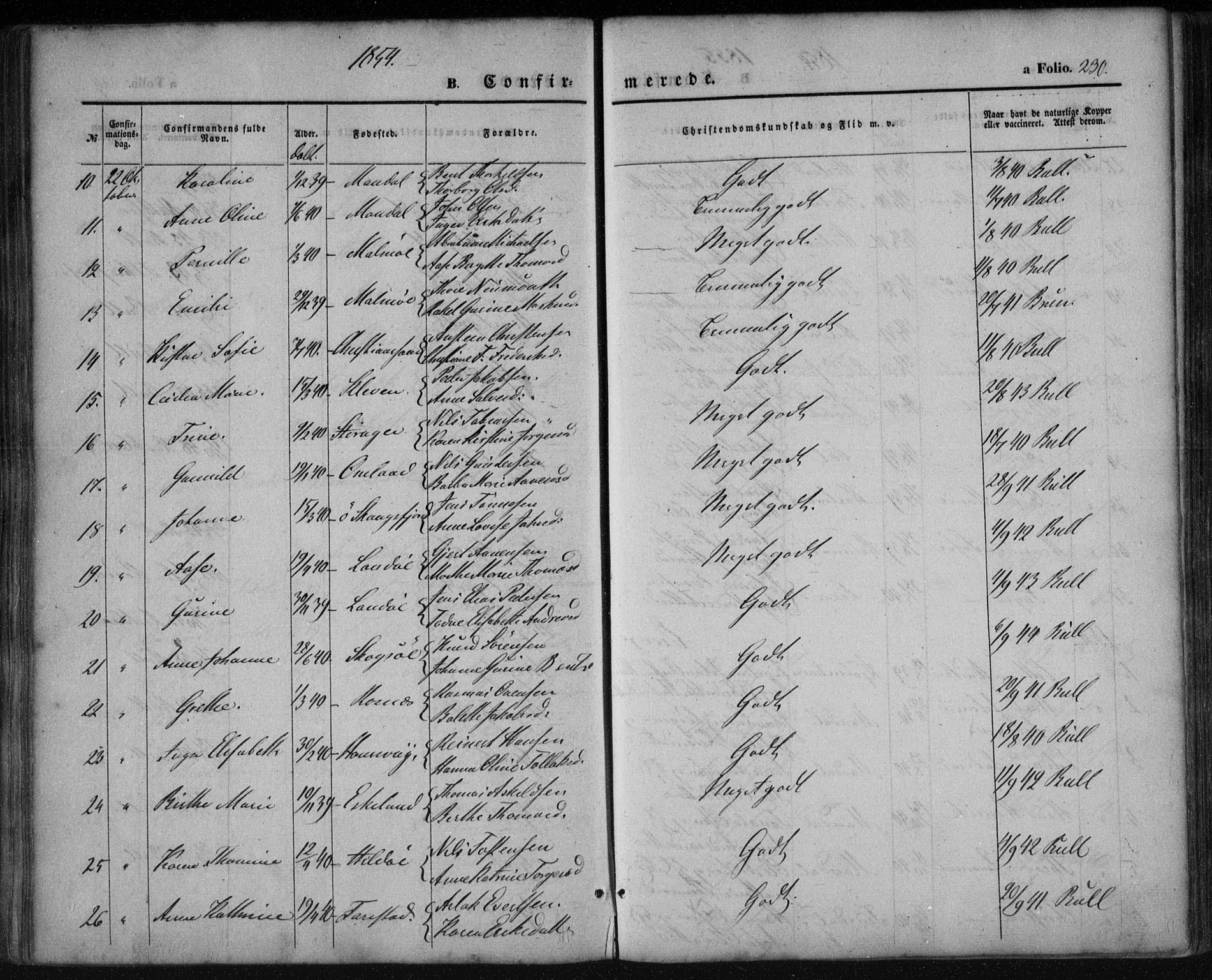 Mandal sokneprestkontor, SAK/1111-0030/F/Fa/Faa/L0013: Parish register (official) no. A 13, 1847-1859, p. 230