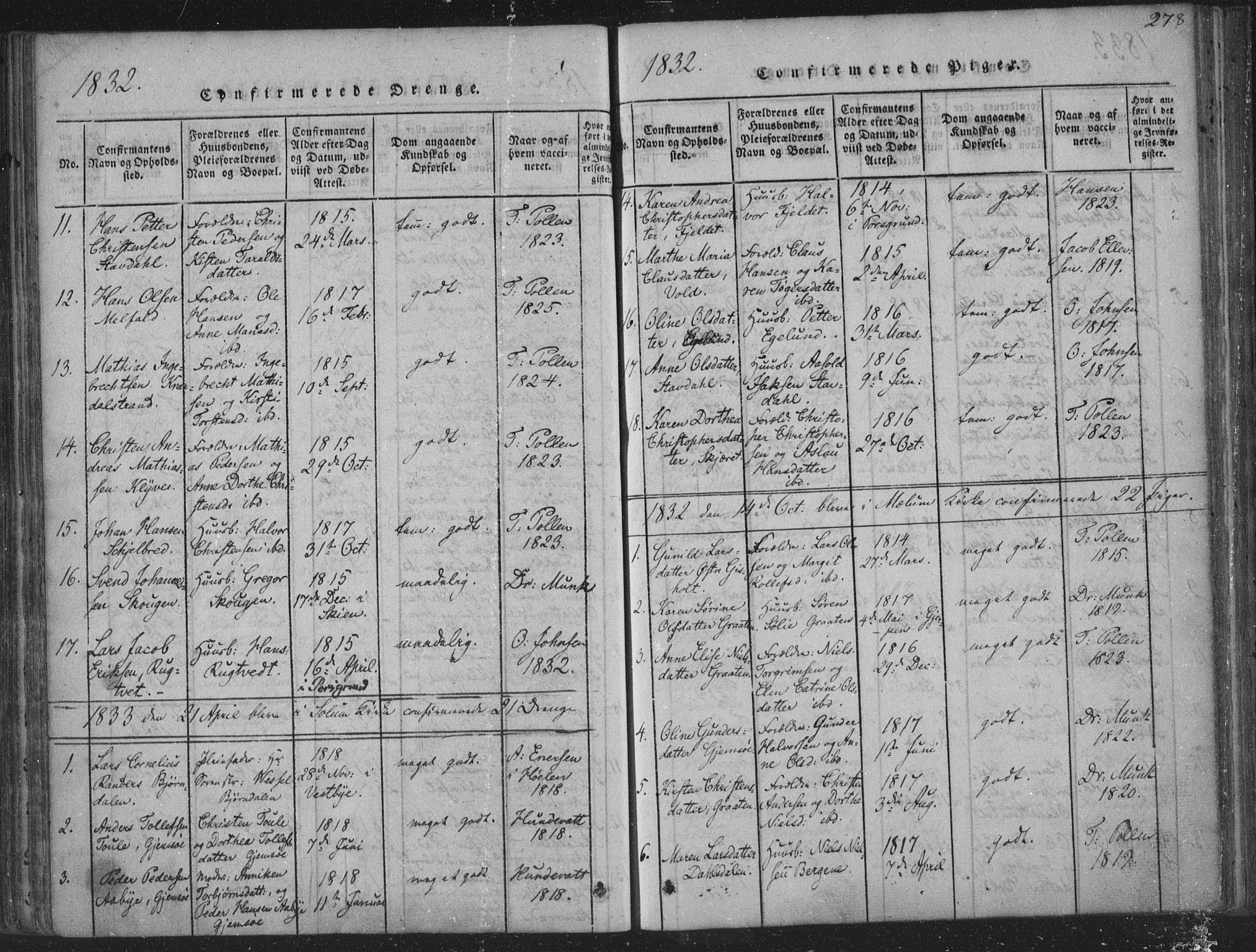 Solum kirkebøker, SAKO/A-306/F/Fa/L0004: Parish register (official) no. I 4, 1814-1833, p. 278