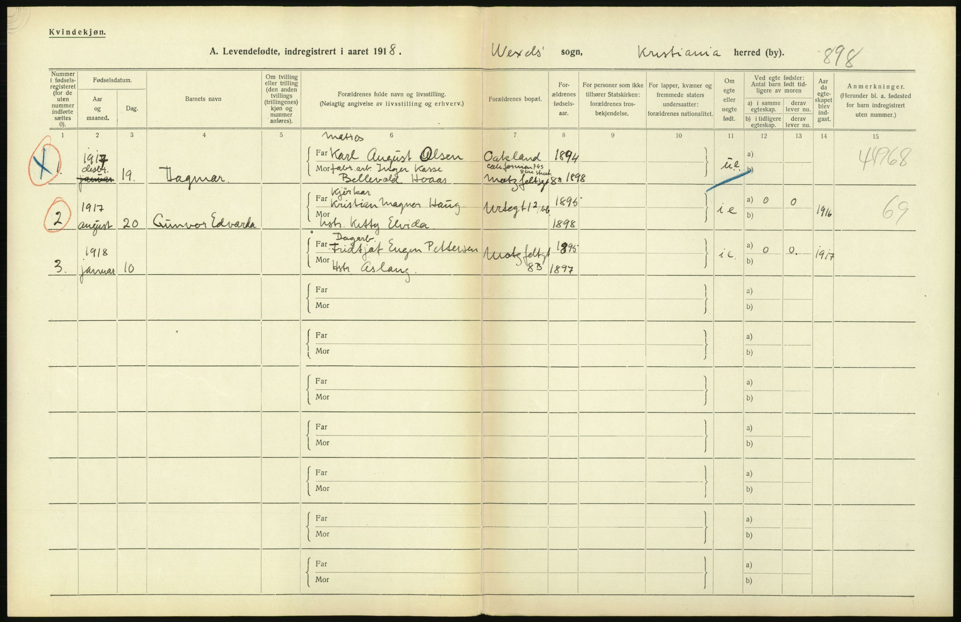 Statistisk sentralbyrå, Sosiodemografiske emner, Befolkning, AV/RA-S-2228/D/Df/Dfb/Dfbh/L0007: Kristiania: Levendefødte menn og kvinner., 1918, p. 200