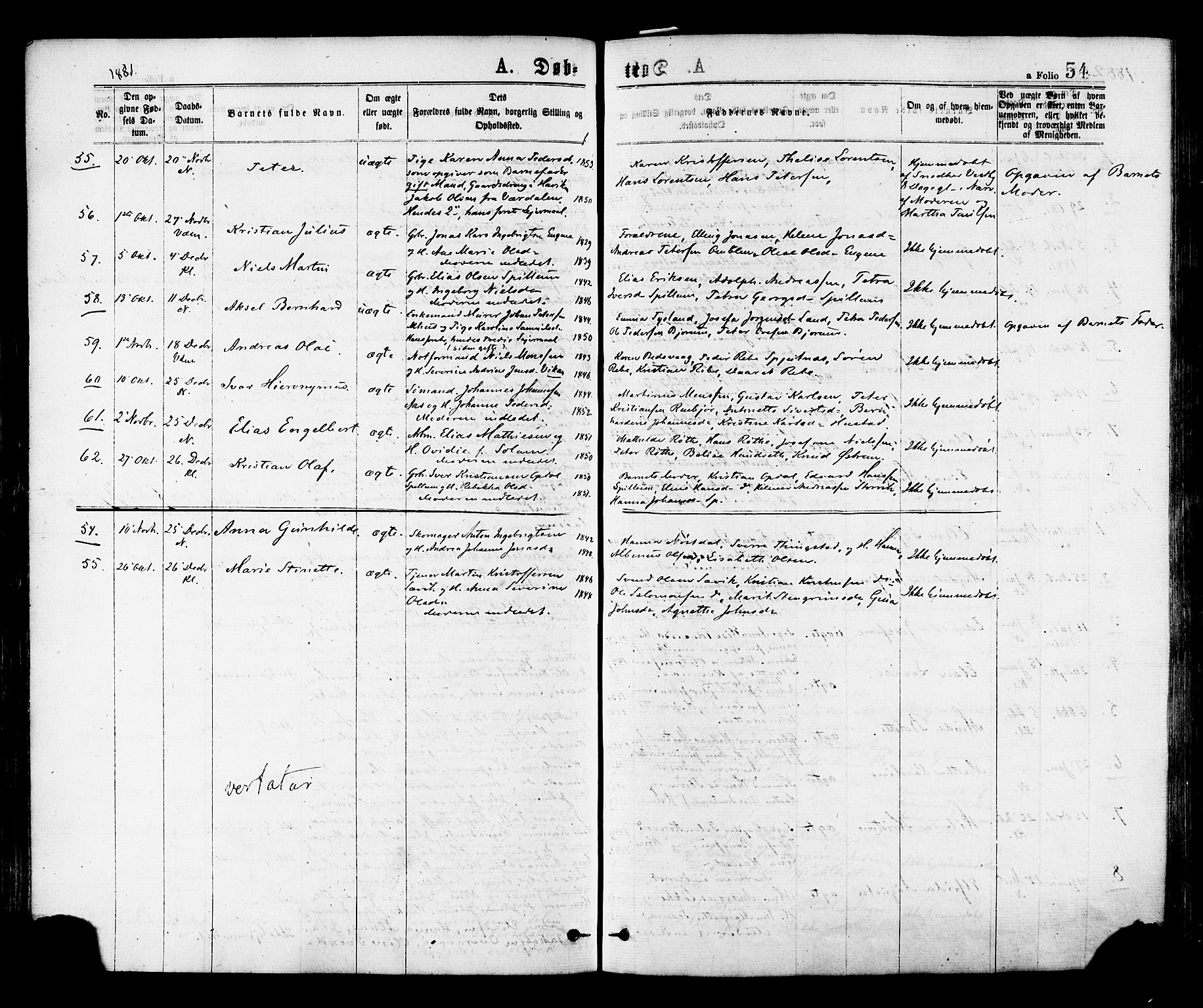 Ministerialprotokoller, klokkerbøker og fødselsregistre - Nord-Trøndelag, AV/SAT-A-1458/768/L0572: Parish register (official) no. 768A07, 1874-1886, p. 54