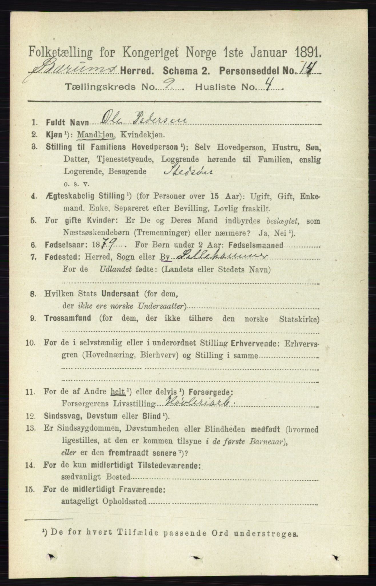 RA, 1891 census for 0219 Bærum, 1891, p. 5164