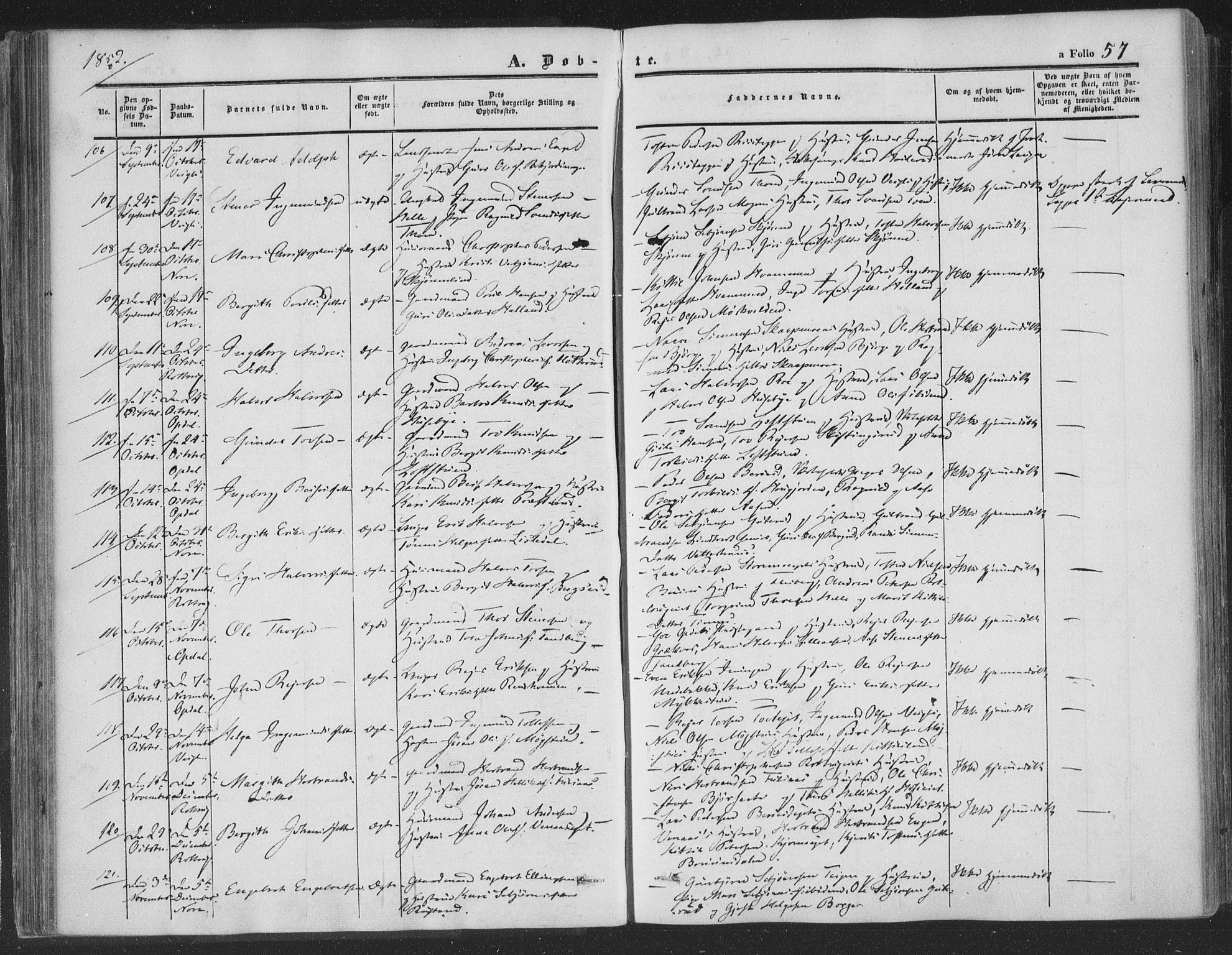 Rollag kirkebøker, AV/SAKO-A-240/F/Fa/L0008: Parish register (official) no. I 8, 1847-1860, p. 57