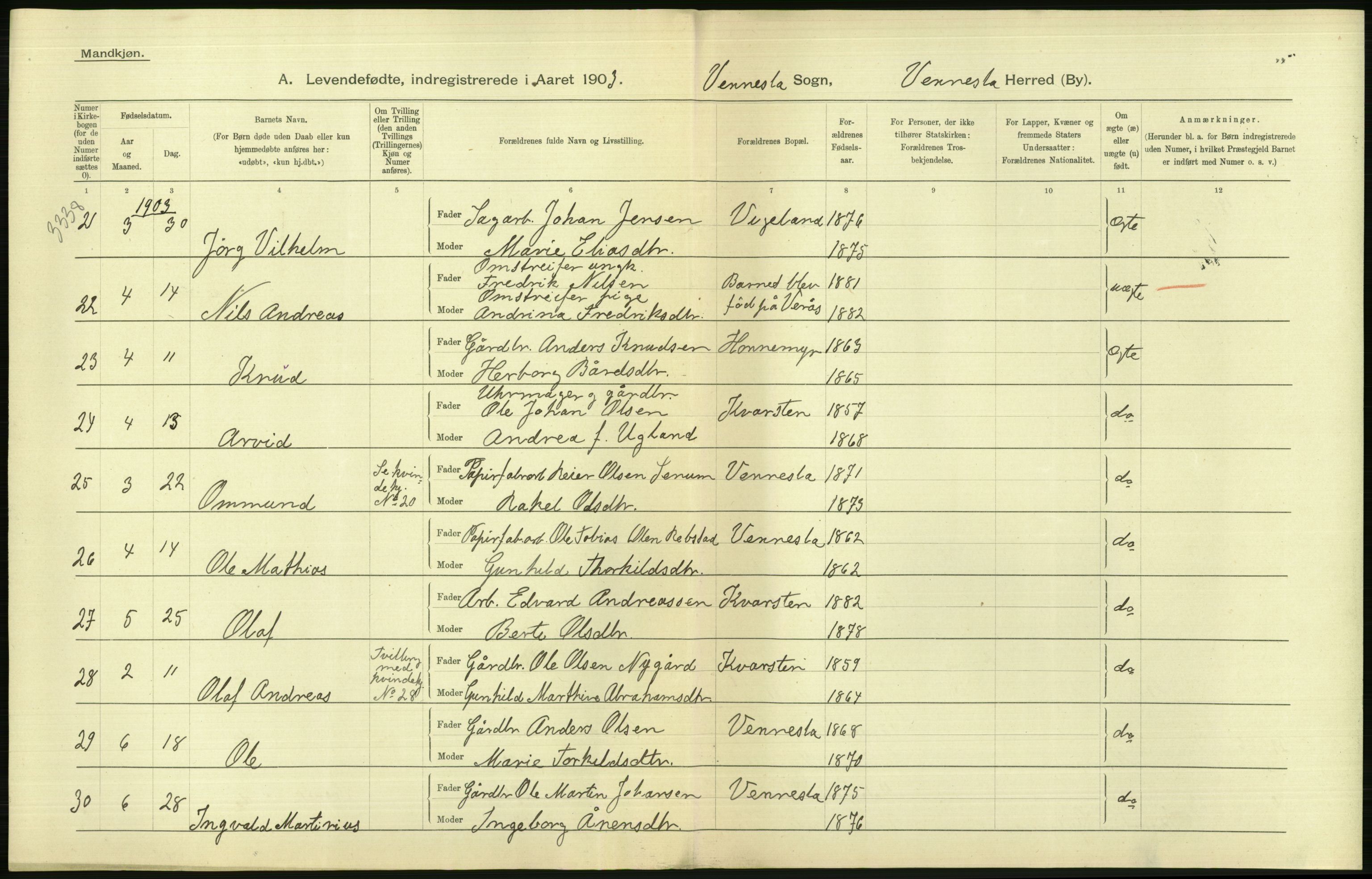 Statistisk sentralbyrå, Sosiodemografiske emner, Befolkning, AV/RA-S-2228/D/Df/Dfa/Dfaa/L0011: Lister og Mandal amt: Fødte, gifte, døde, 1903, p. 174