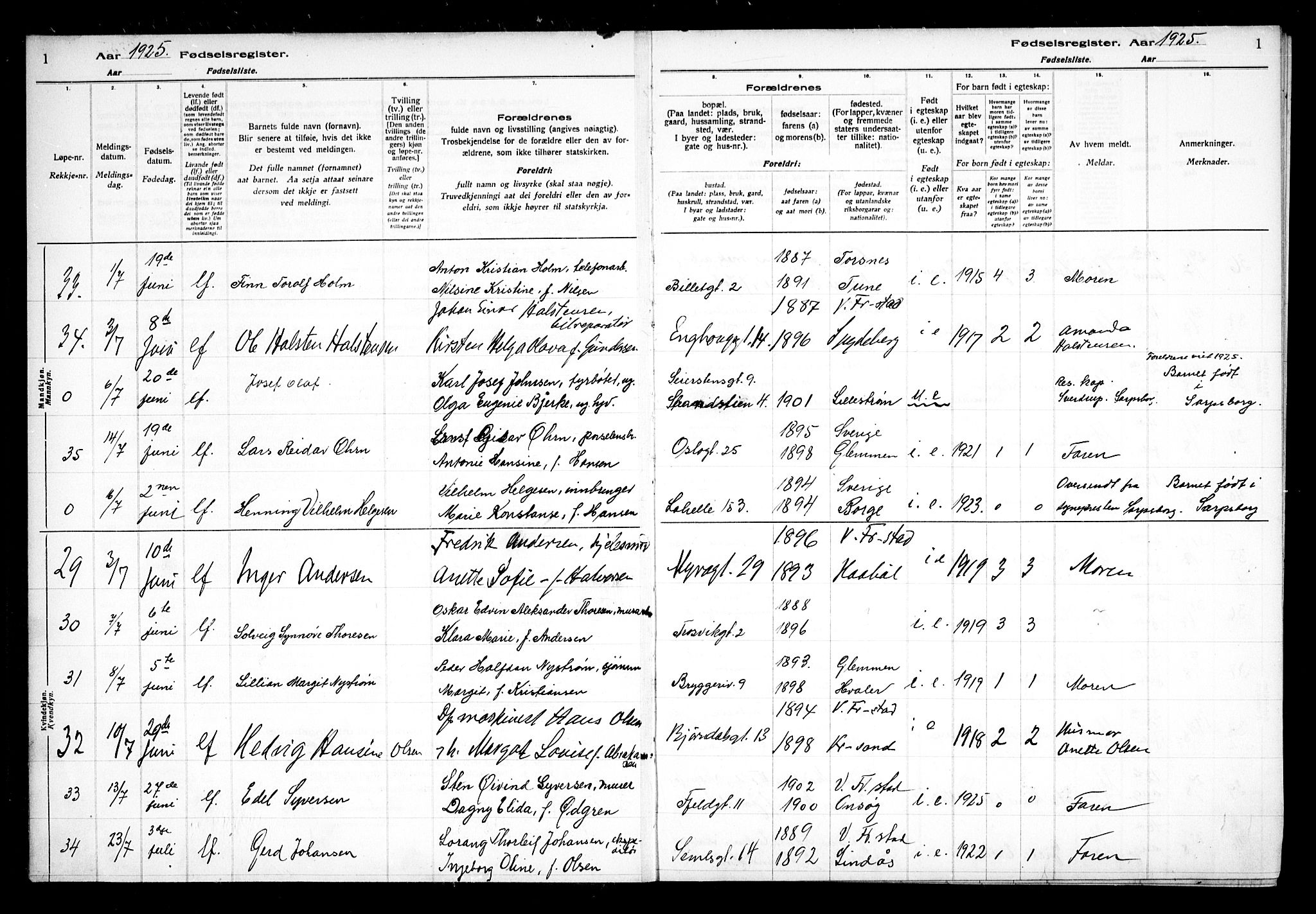 Fredrikstad domkirkes prestekontor Kirkebøker, SAO/A-10906/J/*Ja/L0002: Birth register no. 2, 1925-1937, p. 1