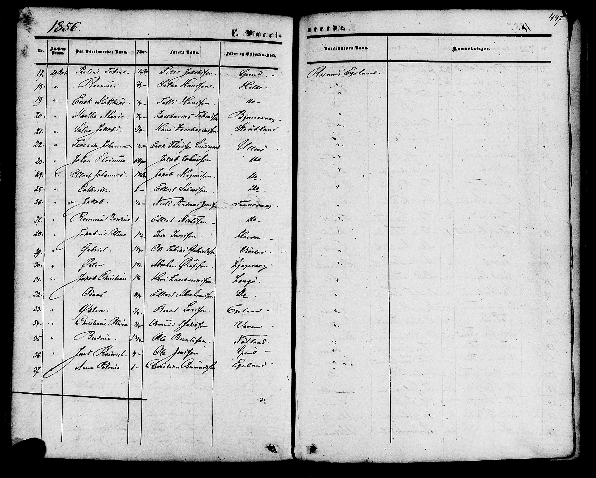 Herad sokneprestkontor, AV/SAK-1111-0018/F/Fa/Fab/L0004: Parish register (official) no. A 4, 1853-1885, p. 447