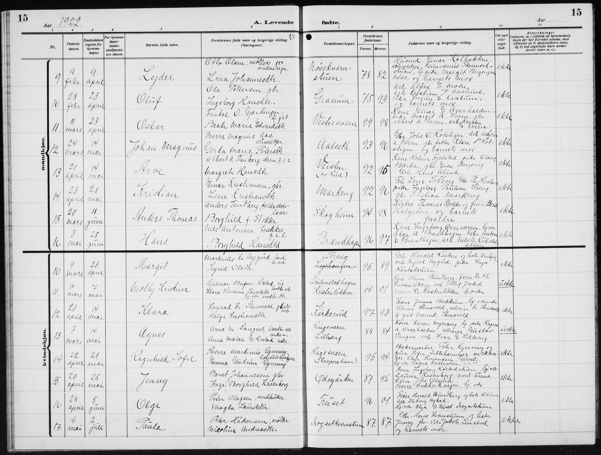 Biri prestekontor, SAH/PREST-096/H/Ha/Hab/L0007: Parish register (copy) no. 7, 1919-1941, p. 15