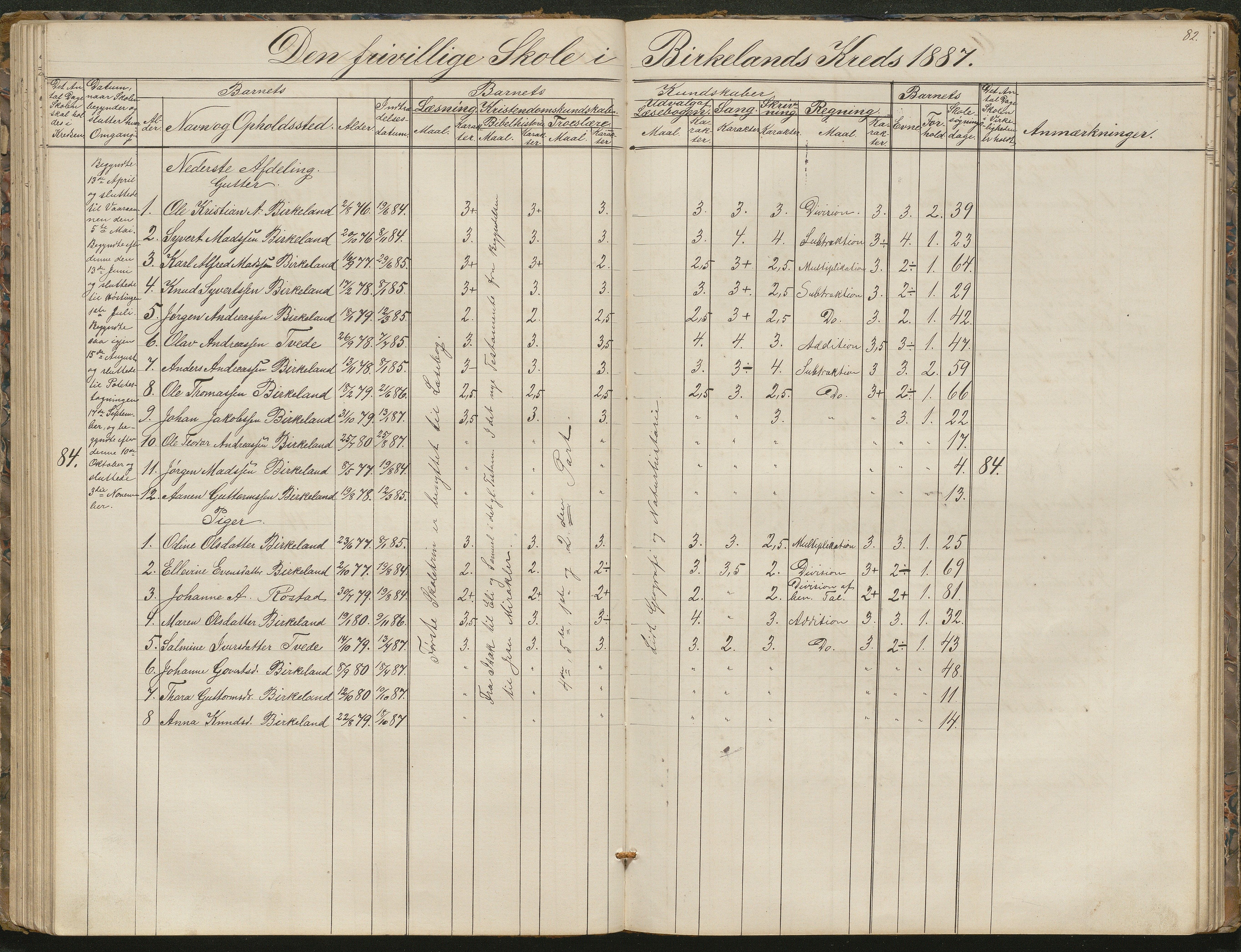 Birkenes kommune, Birkenes krets/Birkeland folkeskole frem til 1991, AAKS/KA0928-550a_91/F02/L0001: Skoleprotokoll, 1862-1896, p. 82