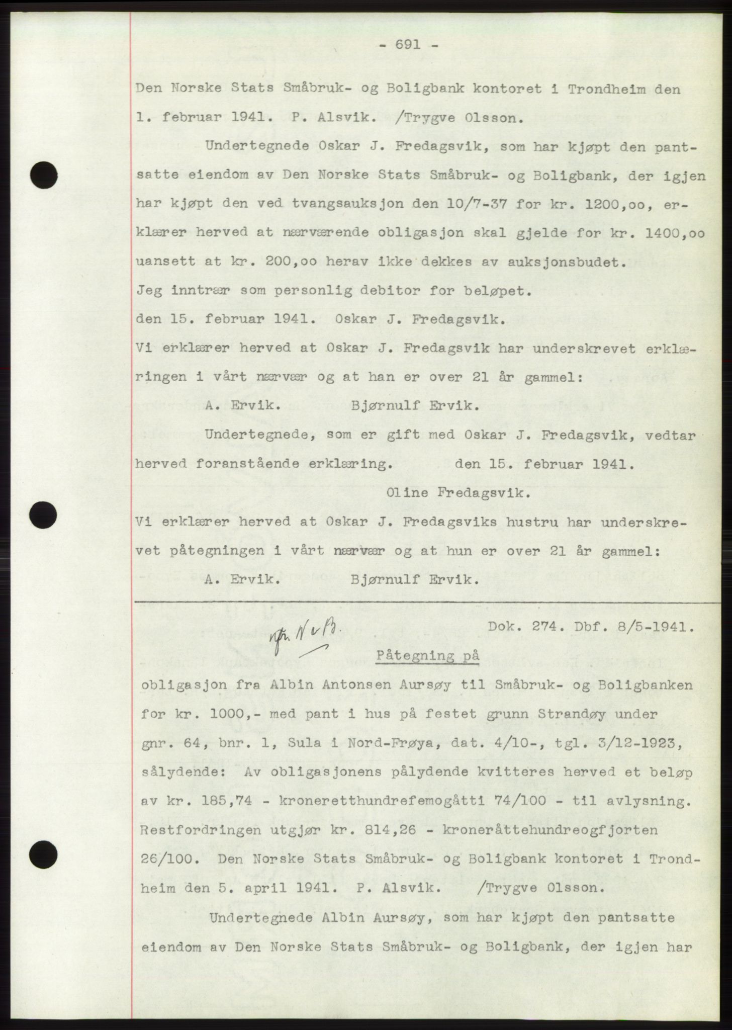 Hitra sorenskriveri, AV/SAT-A-0018/2/2C/2Ca: Mortgage book no. C1, 1936-1945, Diary no: : 274/1941