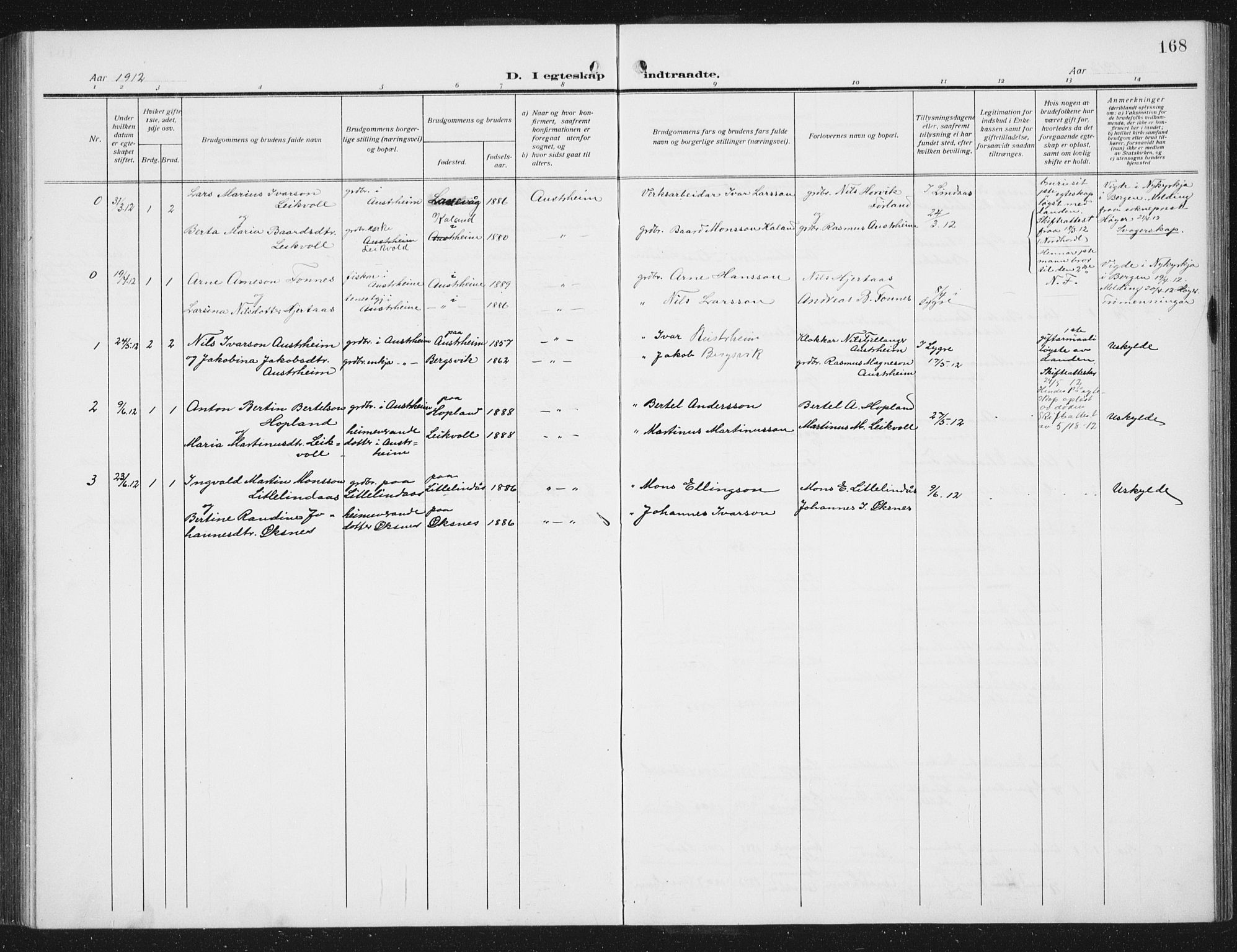 Lindås Sokneprestembete, SAB/A-76701/H/Hab: Parish register (copy) no. C 5, 1910-1927, p. 168