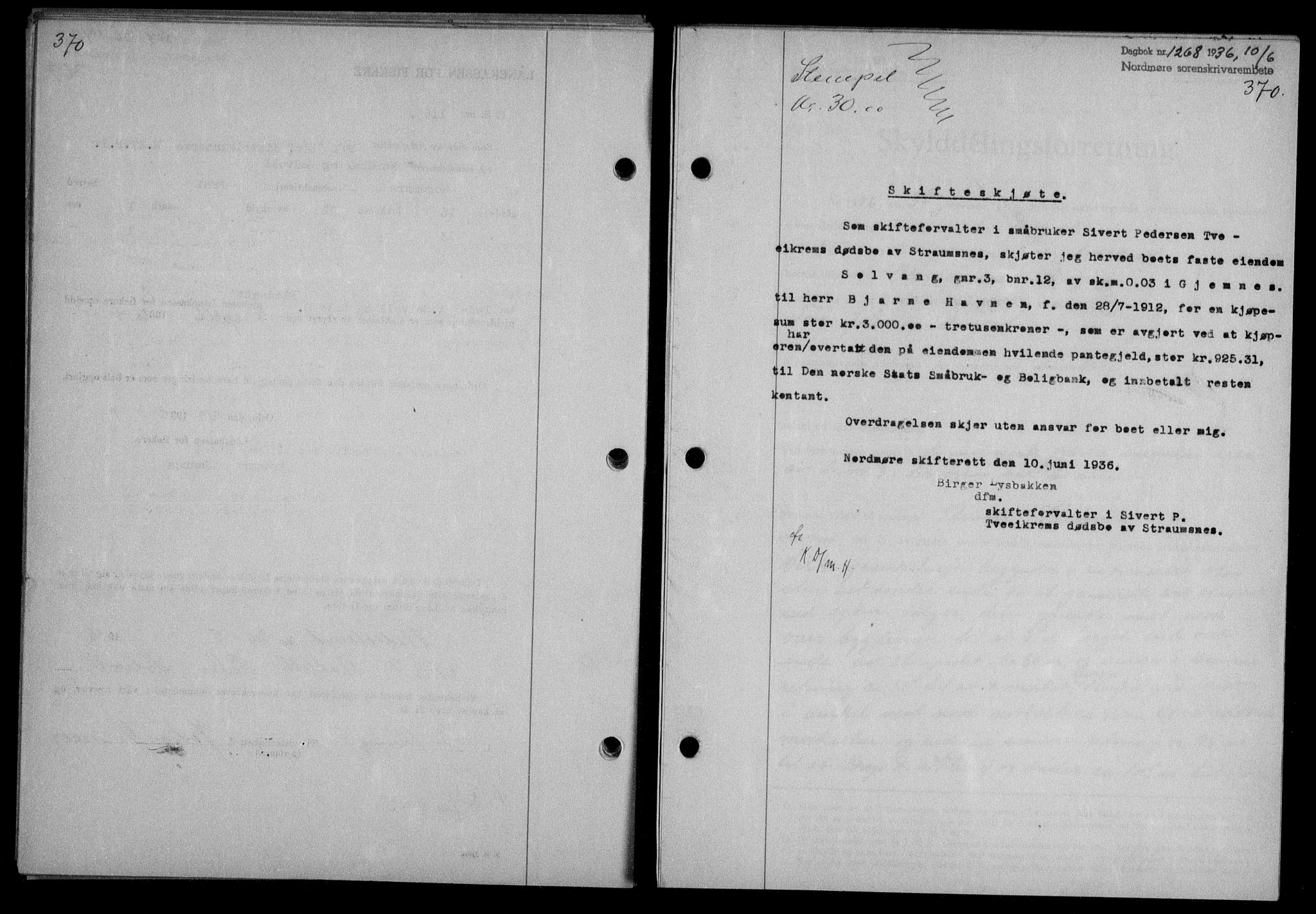 Nordmøre sorenskriveri, AV/SAT-A-4132/1/2/2Ca/L0088: Mortgage book no. 78, 1936-1936, Diary no: : 1268/1936