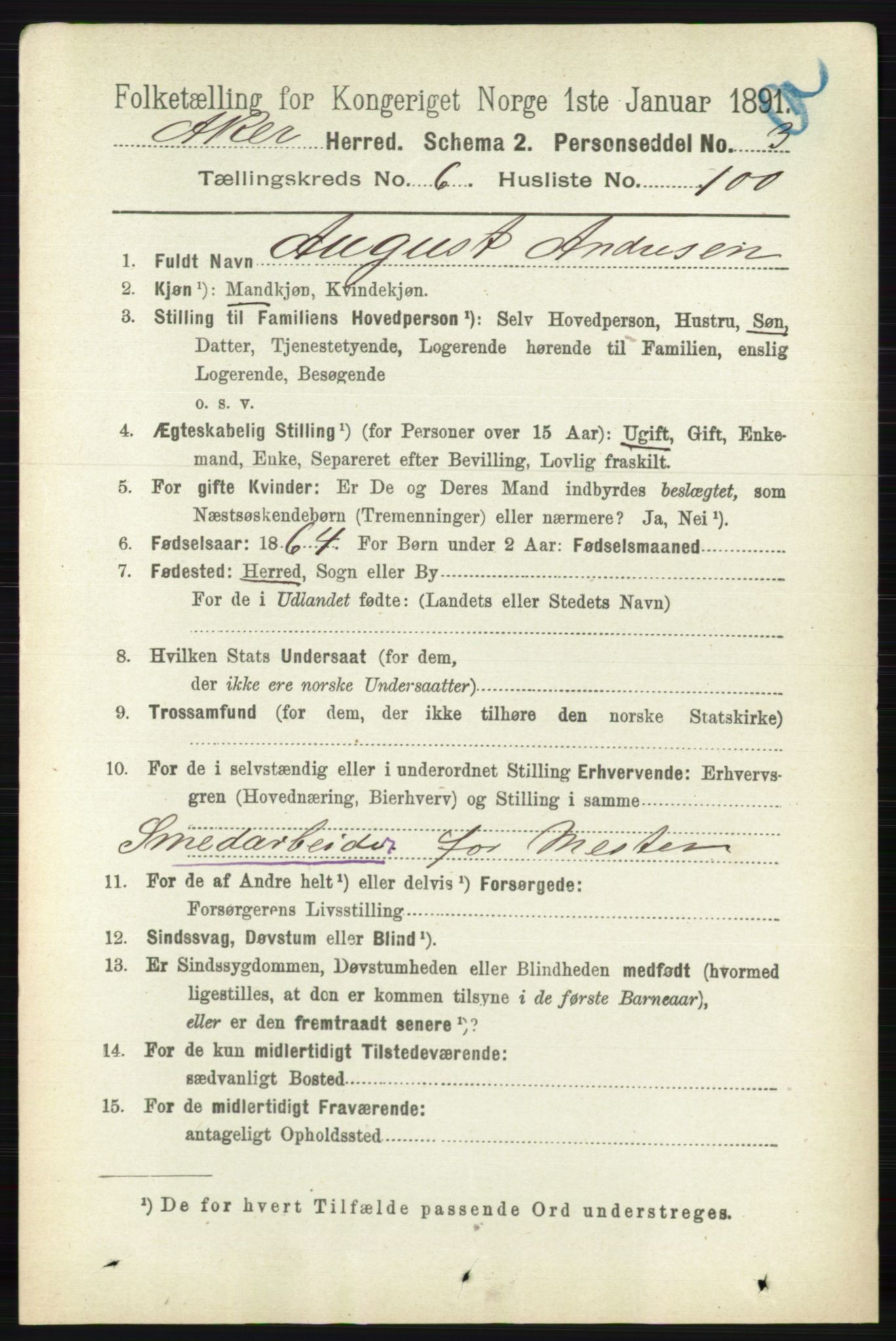 RA, 1891 census for 0218 Aker, 1891, p. 6135