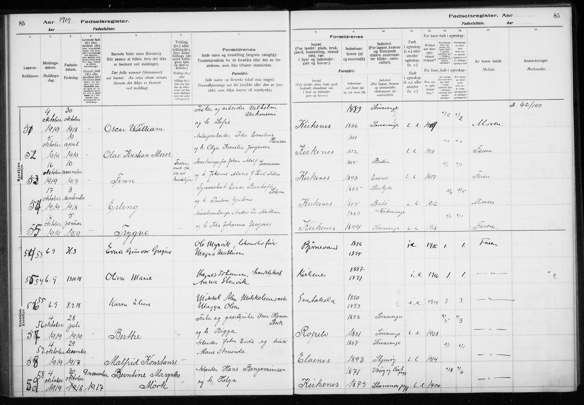 Sør-Varanger sokneprestkontor, AV/SATØ-S-1331/I/Ia/L0016: Birth register no. 16, 1915-1925, p. 85