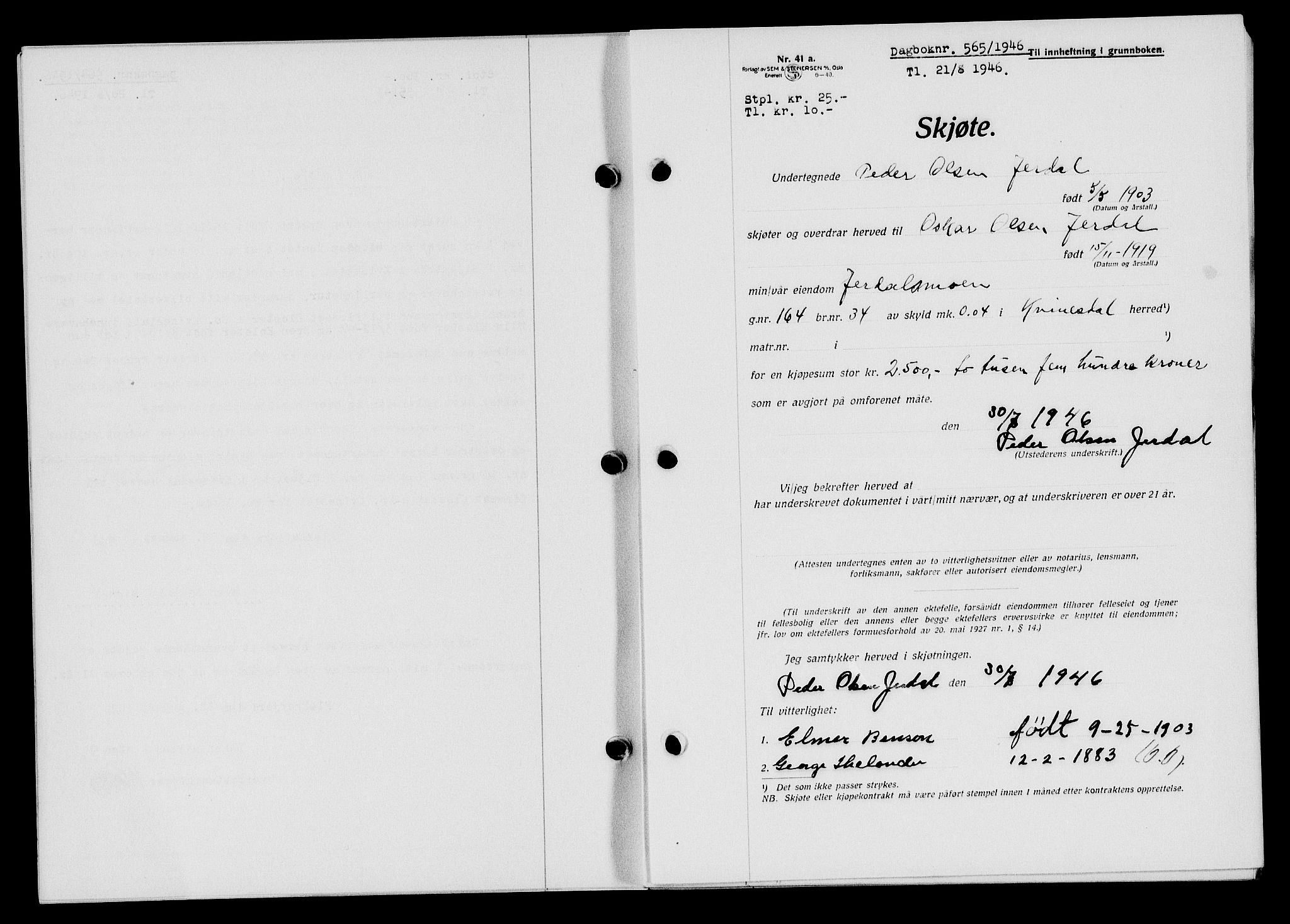 Flekkefjord sorenskriveri, SAK/1221-0001/G/Gb/Gba/L0060: Mortgage book no. A-8, 1945-1946, Diary no: : 565/1946