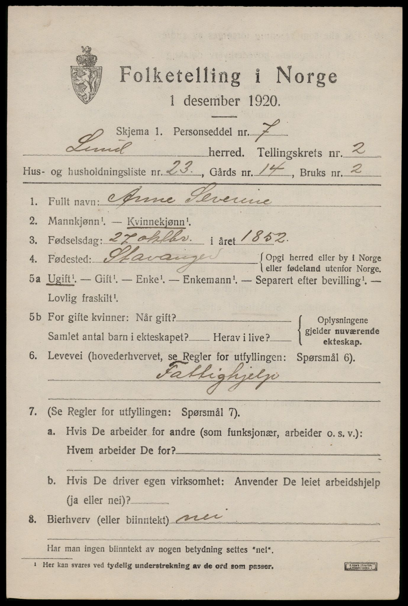 SAST, 1920 census for Lund, 1920, p. 1302