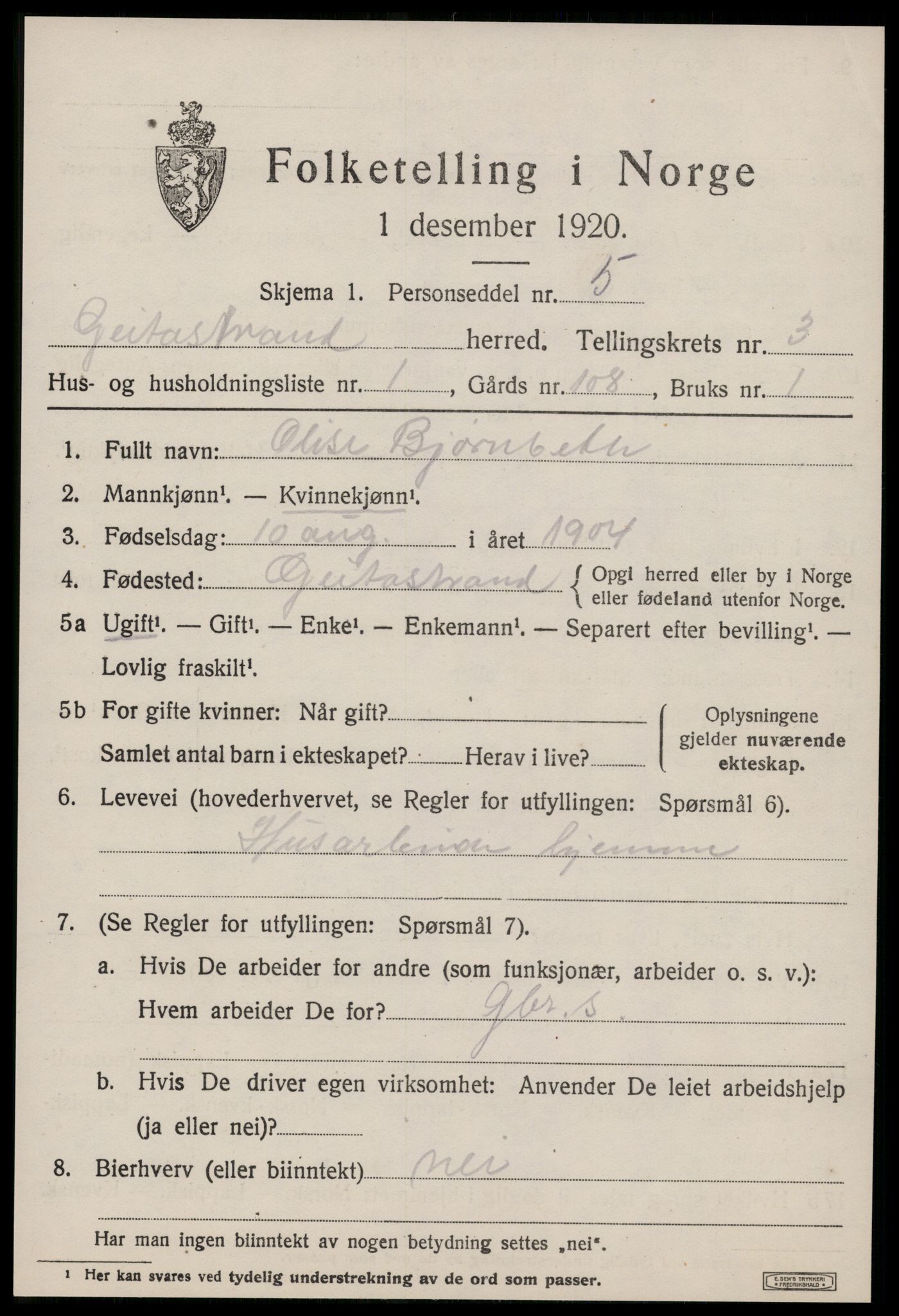 SAT, 1920 census for Geitastrand, 1920, p. 1309