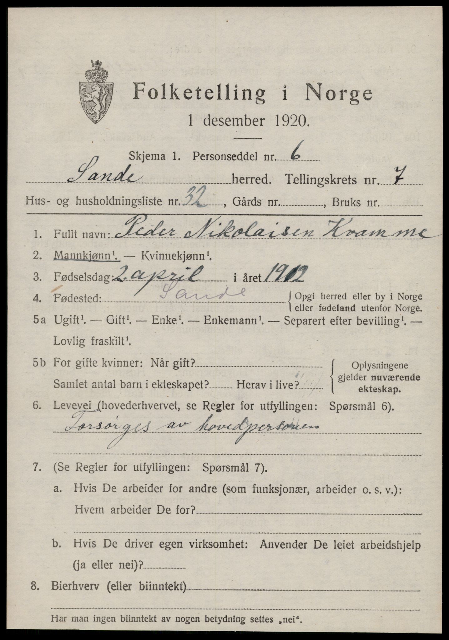 SAT, 1920 census for Sande (MR), 1920, p. 4644