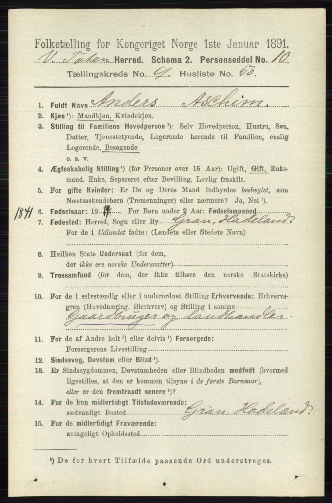 RA, 1891 census for 0529 Vestre Toten, 1891, p. 5878