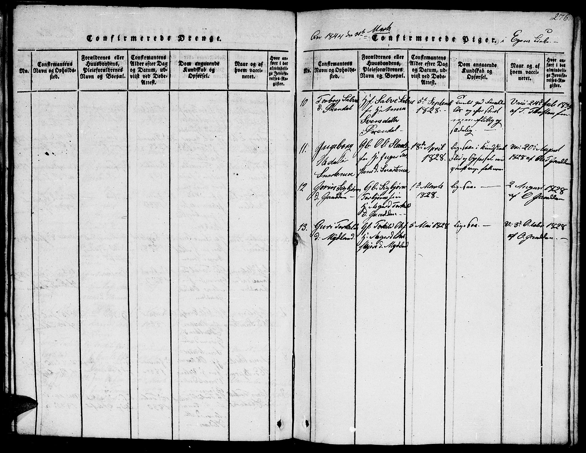 Hægebostad sokneprestkontor, AV/SAK-1111-0024/F/Fb/Fba/L0001: Parish register (copy) no. B 1, 1815-1844, p. 276