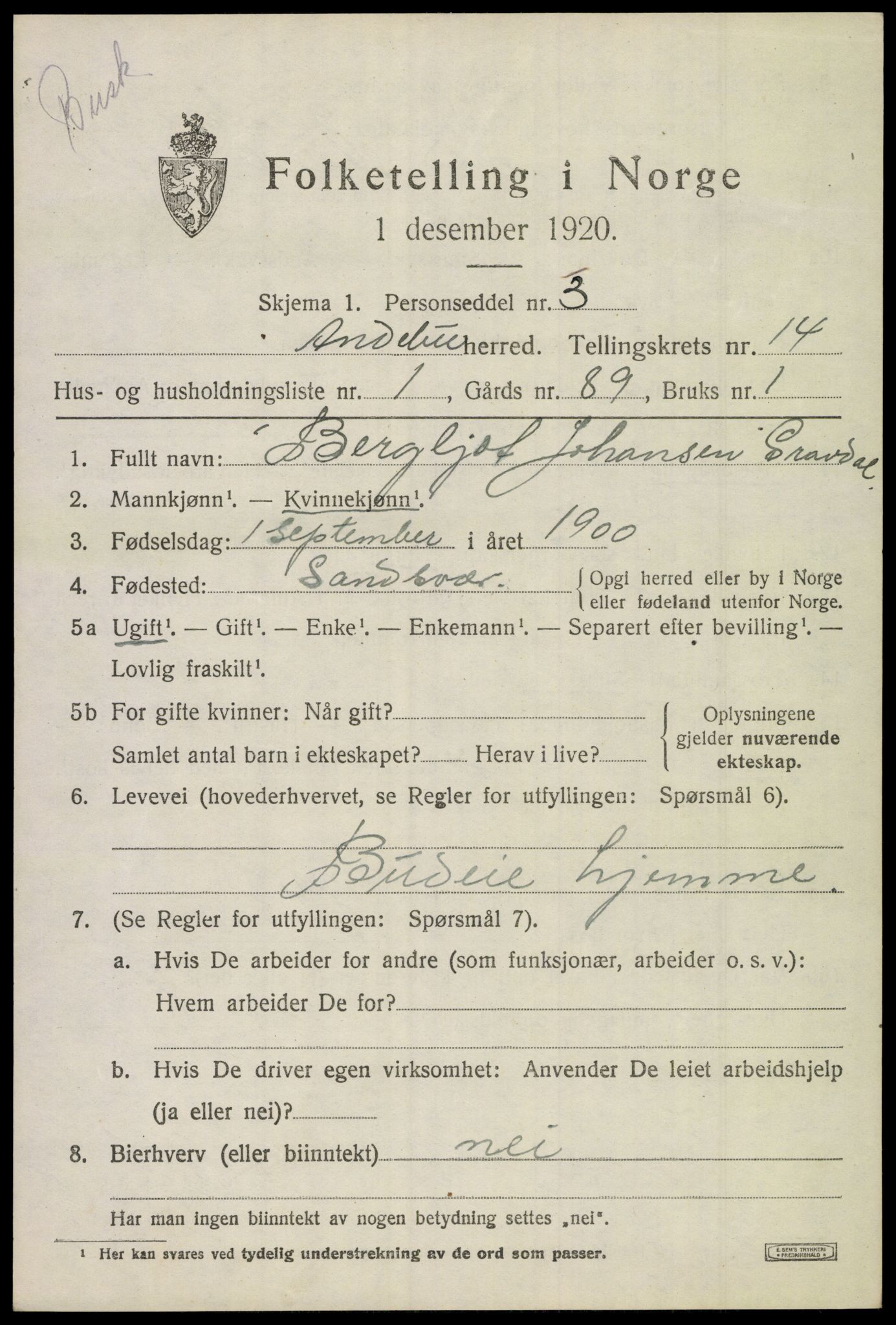 SAKO, 1920 census for Andebu, 1920, p. 5090