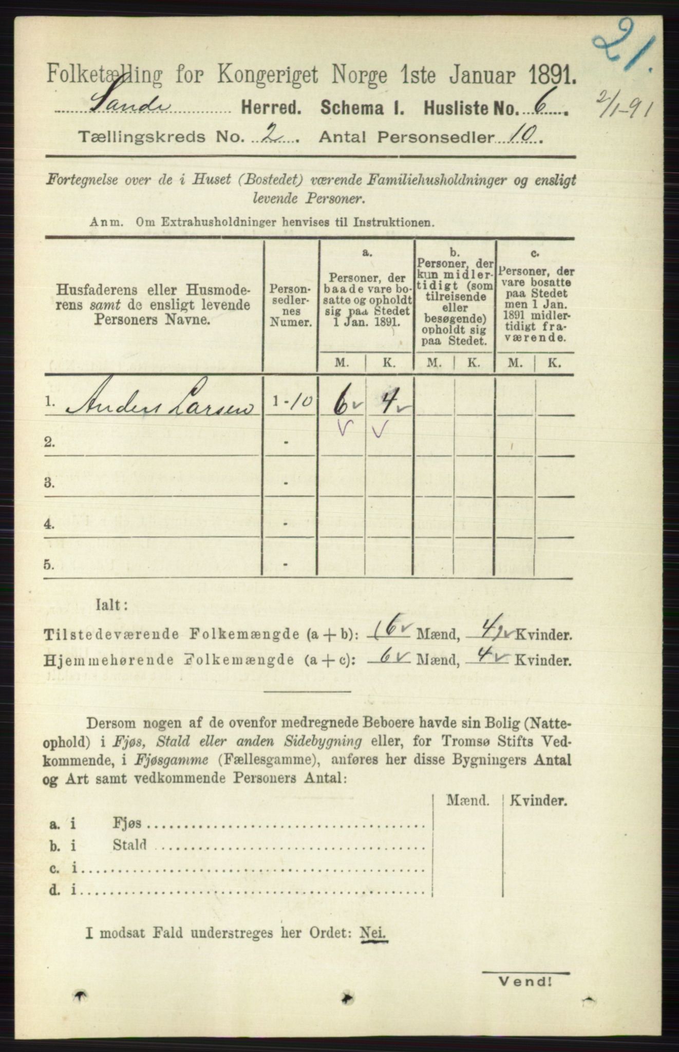 RA, 1891 census for 0713 Sande, 1891, p. 474