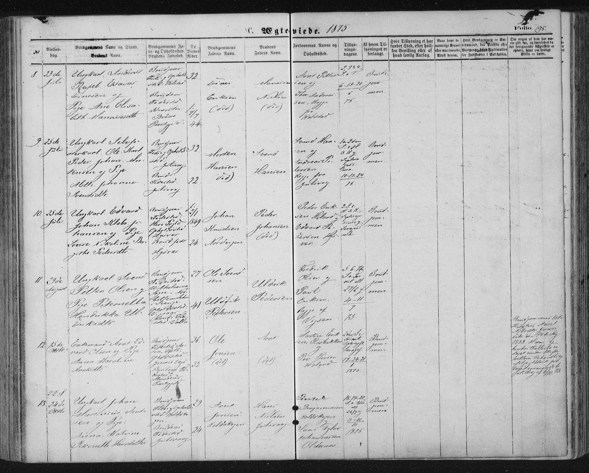 Ministerialprotokoller, klokkerbøker og fødselsregistre - Nordland, SAT/A-1459/816/L0241: Parish register (official) no. 816A07, 1870-1885, p. 195