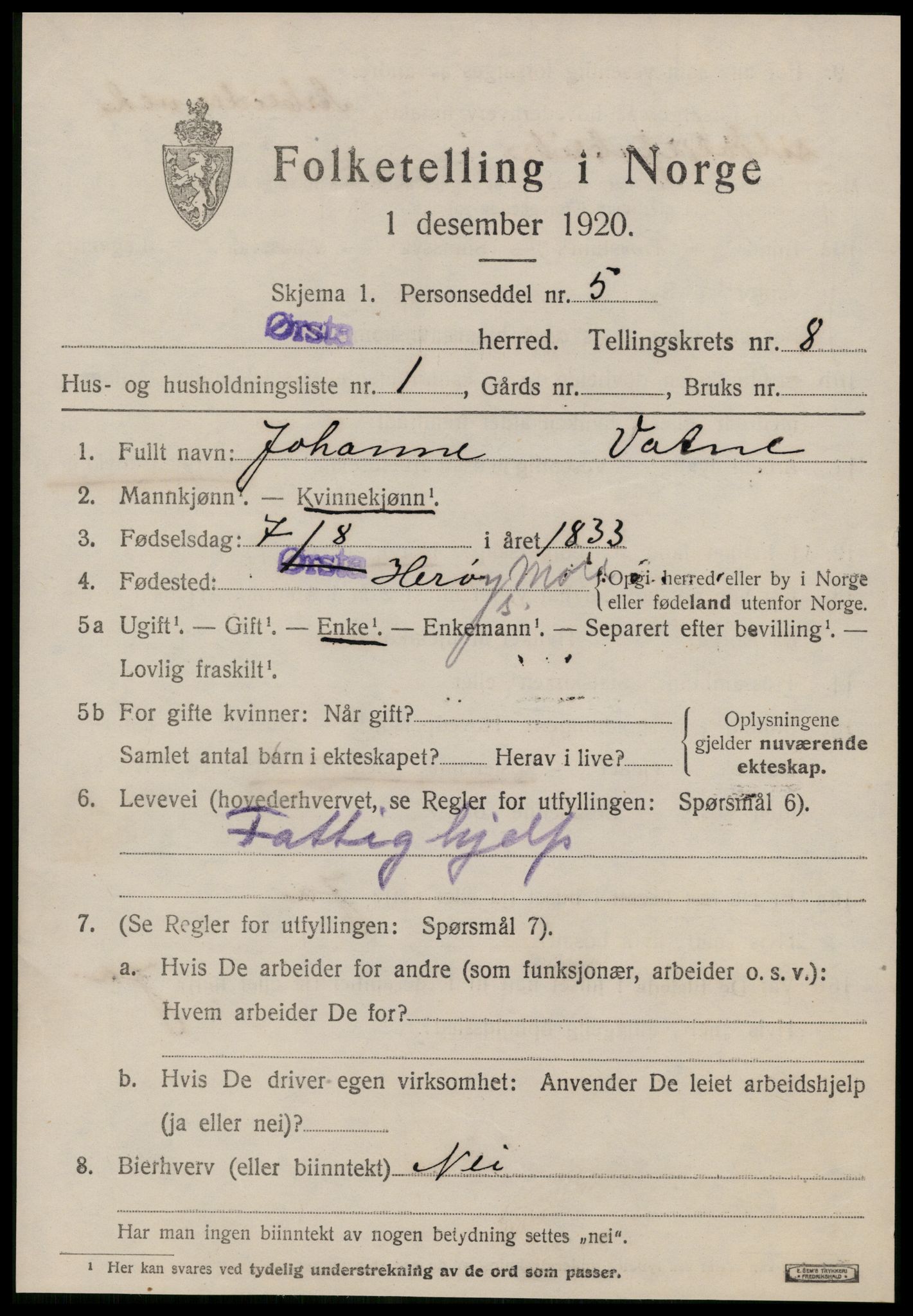 SAT, 1920 census for Ørsta, 1920, p. 5986