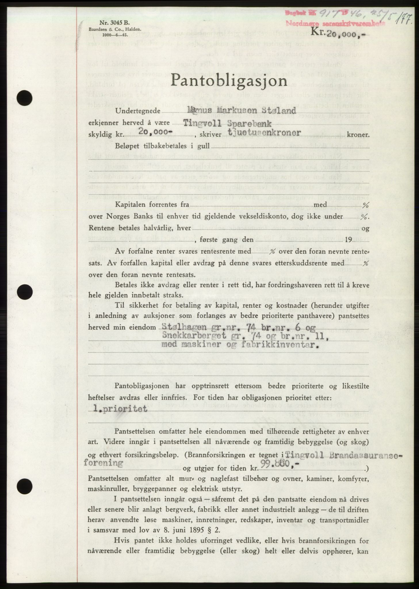 Nordmøre sorenskriveri, AV/SAT-A-4132/1/2/2Ca: Mortgage book no. B94, 1946-1946, Diary no: : 917/1946