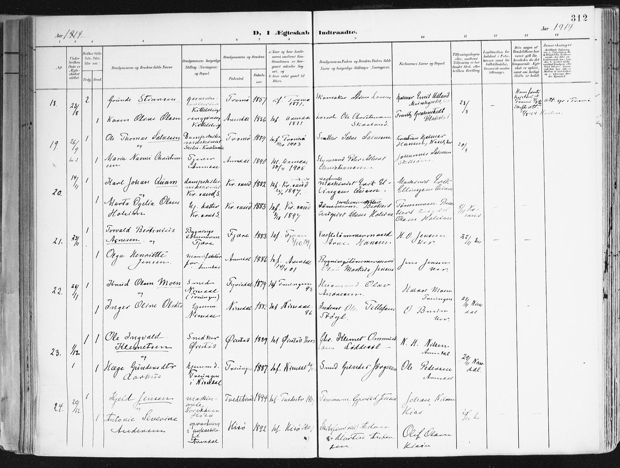 Arendal sokneprestkontor, Trefoldighet, SAK/1111-0040/F/Fa/L0010: Parish register (official) no. A 10, 1900-1919, p. 312